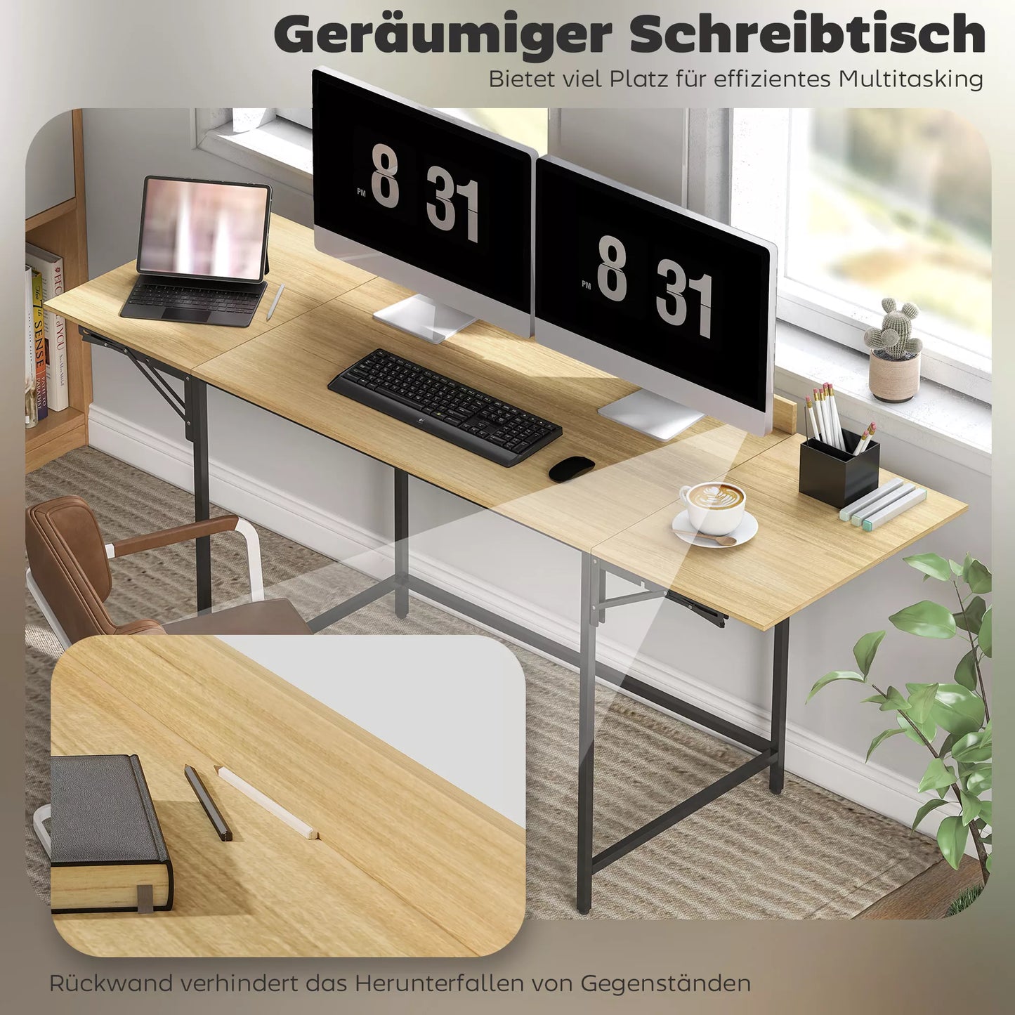 Sulankstomas kompiuterio stalas su 2 ištraukiamomis plokštėmis, daug vietos monitoriams, metalinės kojos, tvirta konstrukcija, ąžuolas+juoda