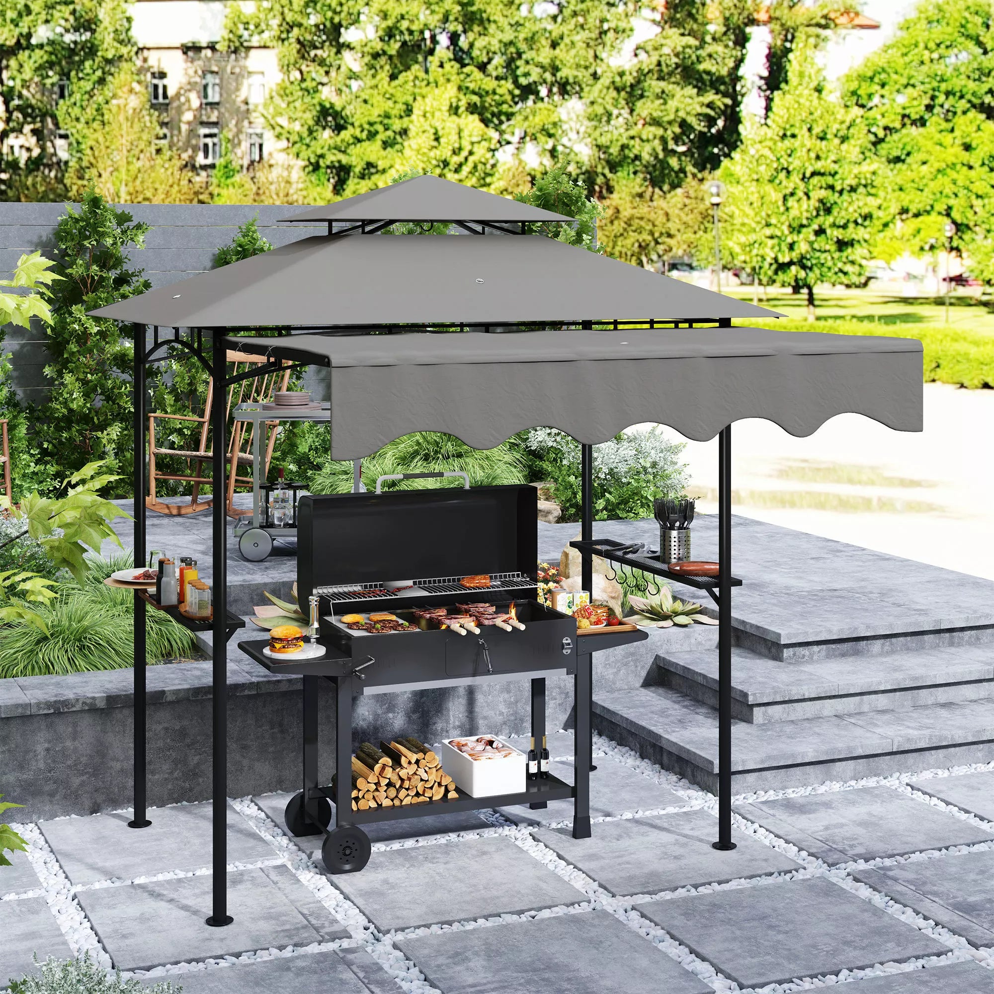 Grillpavillon 242x232x248 cm vandeniui atsparus, ugniai atsparus sodo paviljonas su dvigubu stogu Pilkos spalvos