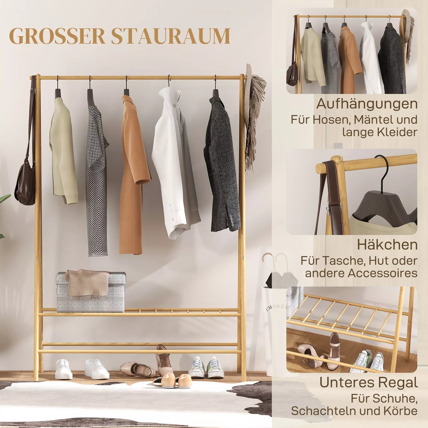 Bambukinis drabužių stovas su batų lentyna ir kabliukais, laisvai pastatomas, prieškambariui, miegamajam, natūralaus medžio