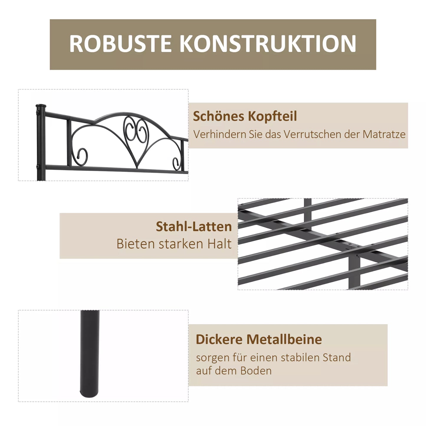 Metalinis lovos rėmas su galvūgaliu, 300 kg atlaikanti apkrova, 145I x 211P x 106A cm, juodas