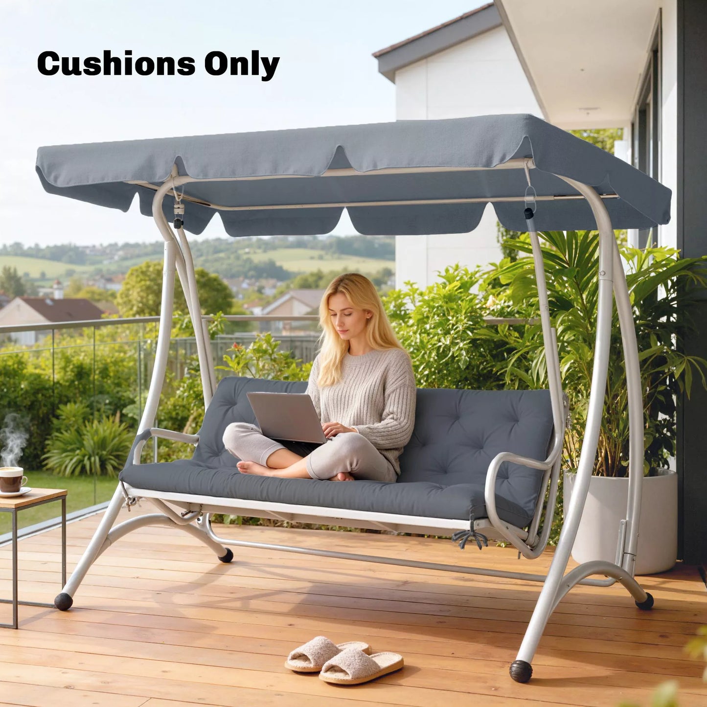 3 vietų suoliuko pagalvėlė 150 x 98 x 8 cm, sėdimoji pagalvėlė su raišteliais, atlošo pagalvėlė, skirta vidaus/lauko sąlygoms, minkšta pagalvėlė suoliukui, sodo suoliukui, sodo baldams, sūpynėms, tamsiai pilka