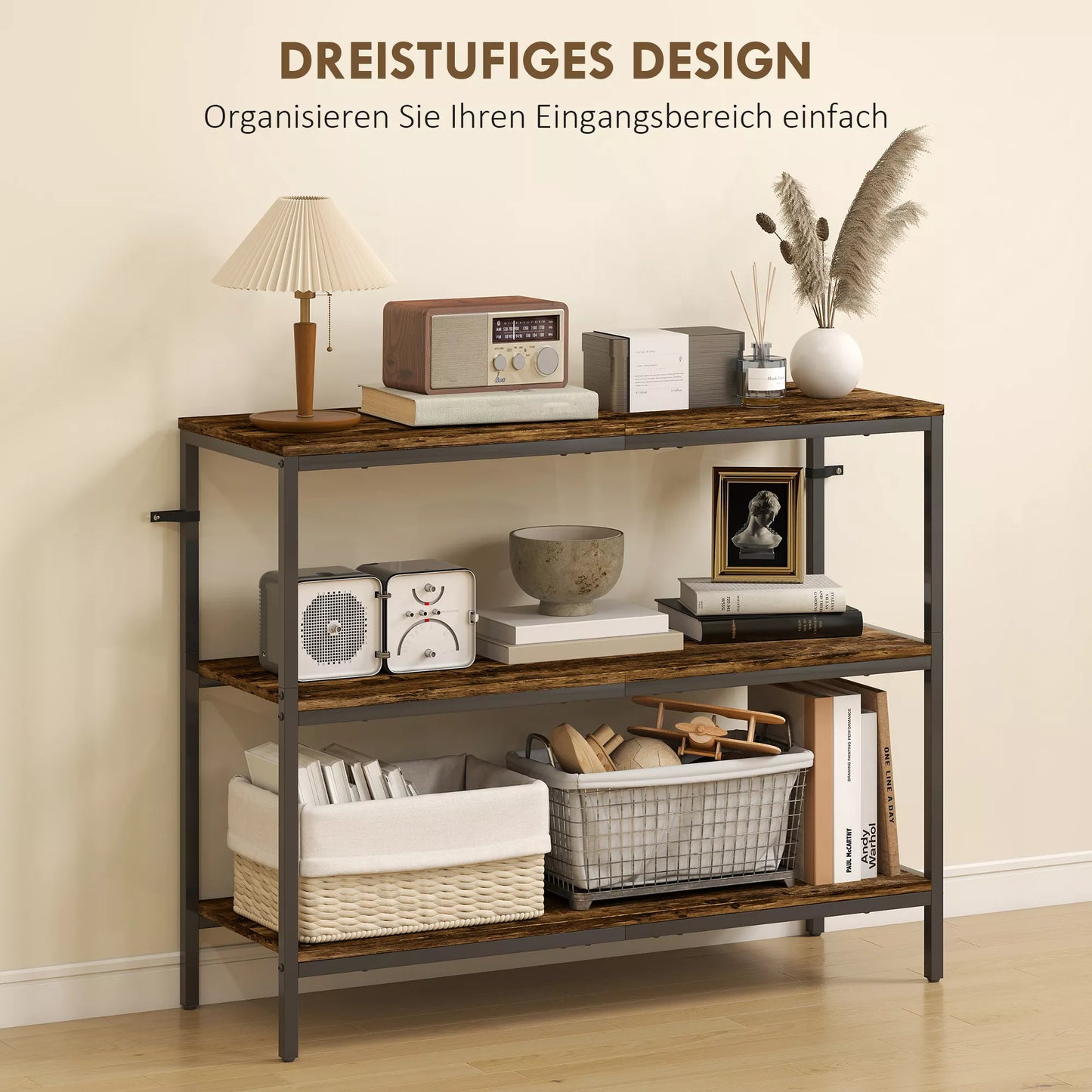 Konsolė, pagalbinis staliukas su 3 pakopų lentynomis, medžio drožlių plokštė, metalas, šviesiai ruda