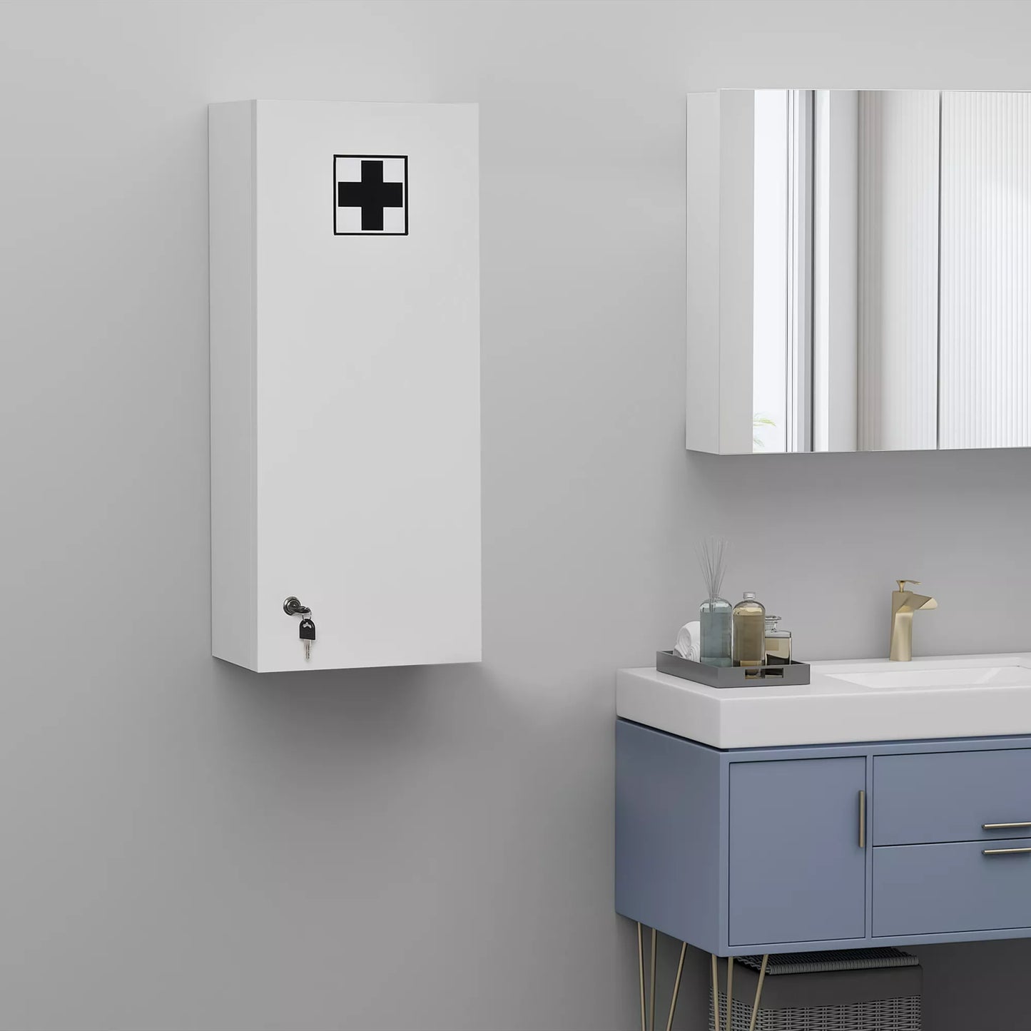 Vaistinėlės spintelė Sieninė spintelė su reguliuojama lentyna, su pirmosios pagalbos kryžiumi, užrakinama, skirta vonios kambariui, virtuvei, koridoriui, balta, 30x20x70 cm