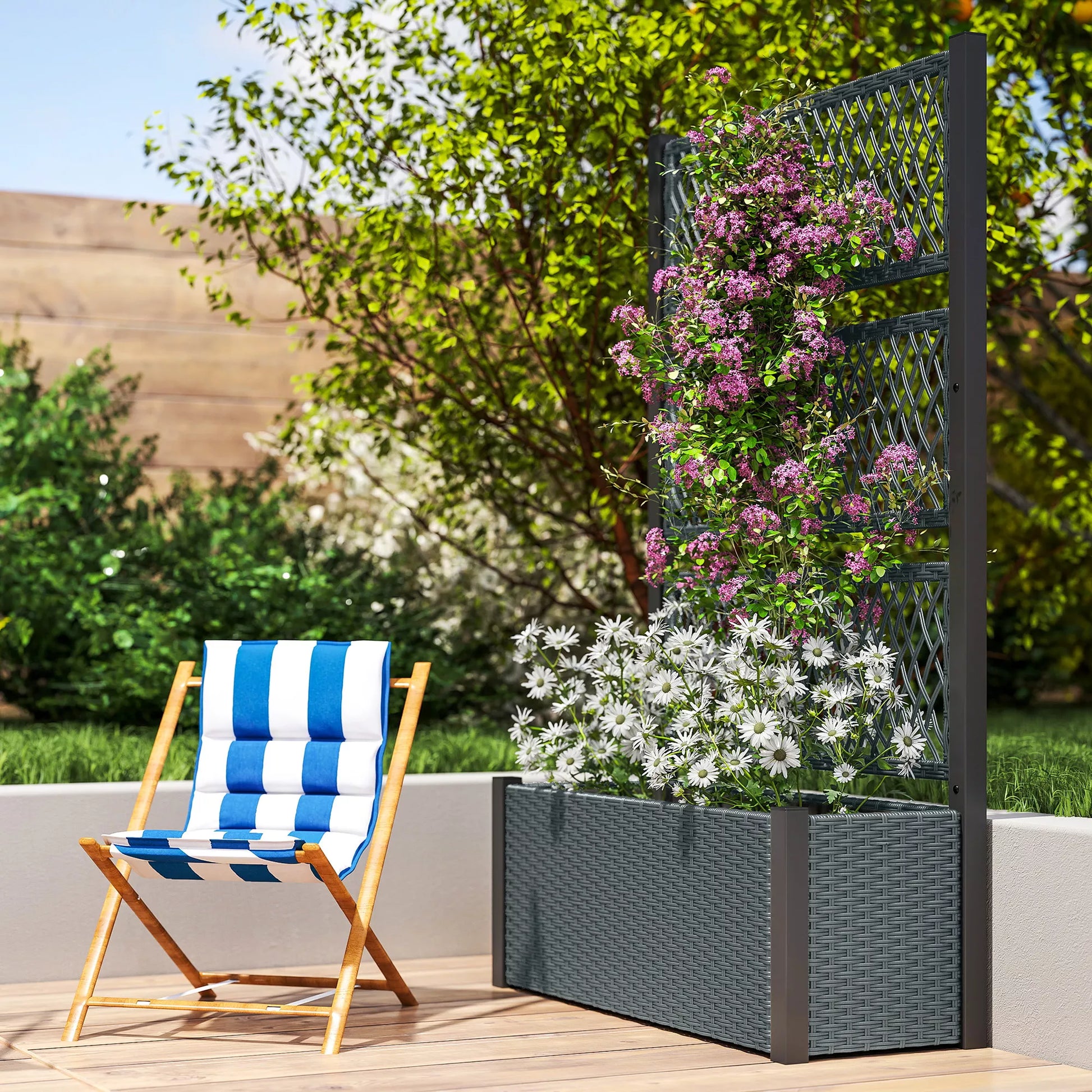 Aukštas gėlių vazonas su rotango imitacijos grotelėmis Gėlių dėžė su atrama 90 x 35 x 148 cm Tamsiai pilka