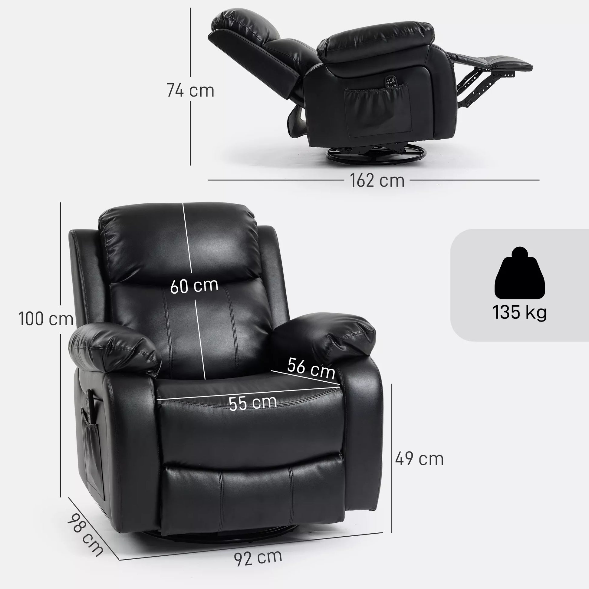 Masažinis krėslas su 8 vibracinėmis galvutėmis, poilsio krėslas, reguliuojamas atlošas + atrama kojoms, juodas