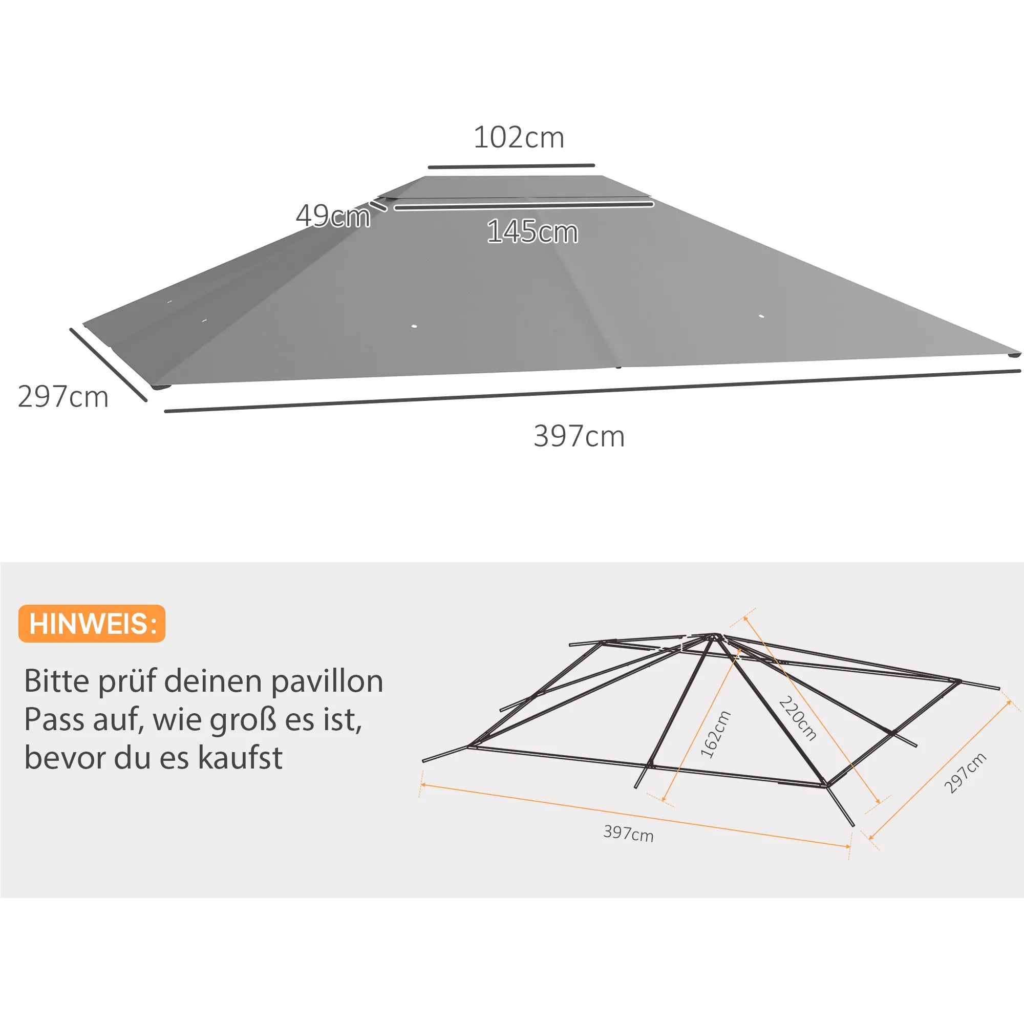 Atsarginis stogas paviljonui Paviljono baldakimas, atsparus atmosferos poveikiui, 397 x 297 cm, šviesiai pilkos spalvos