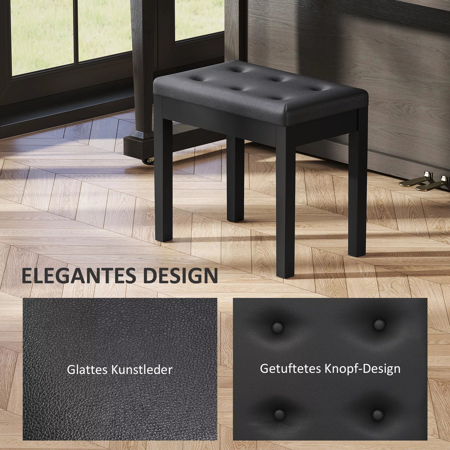 Pianino suolas, dirbtinės odos apmušalas, dygsniuoti mygtukai, daiktadėžė, medinės kojelės, juodas