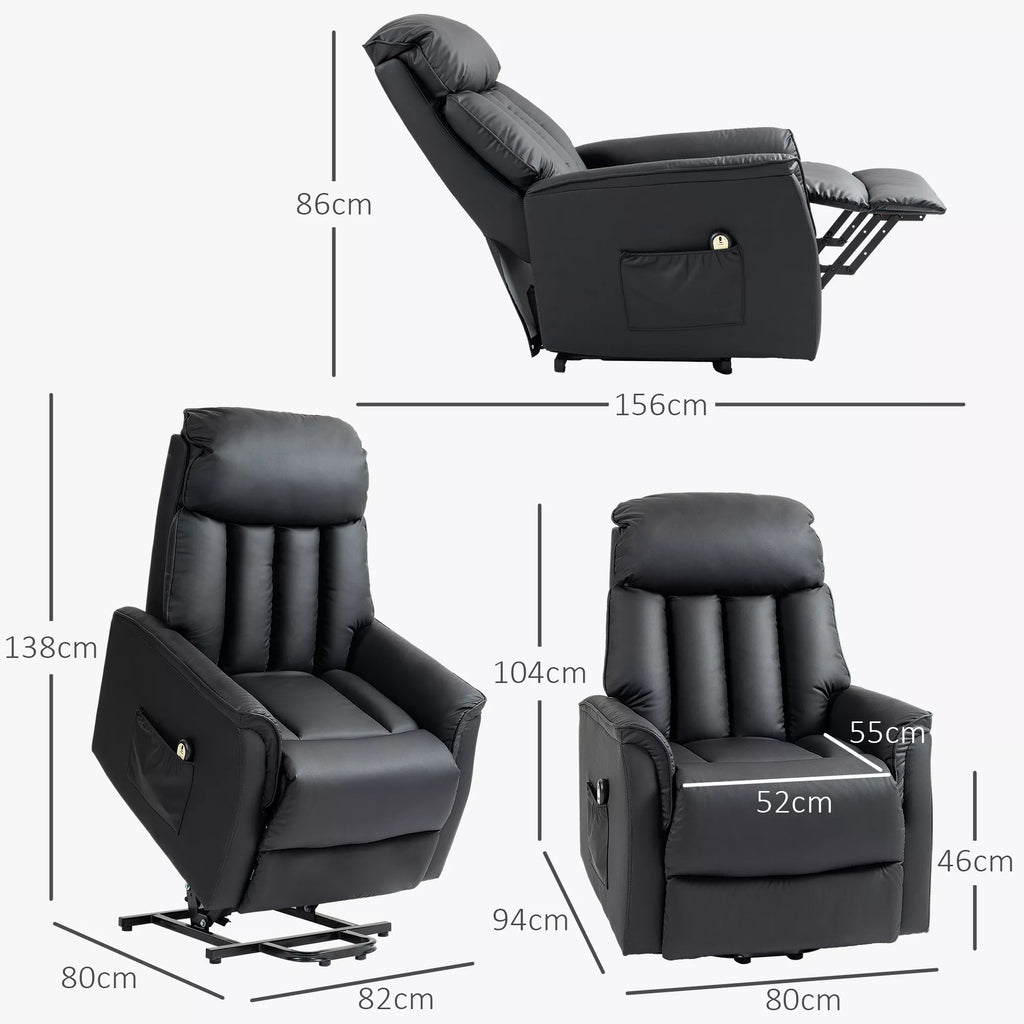 Juodo elektrinio pakėlimo krėslo matmenų schema: aukštis 138 cm, plotis 86 cm, gylis 80 cm