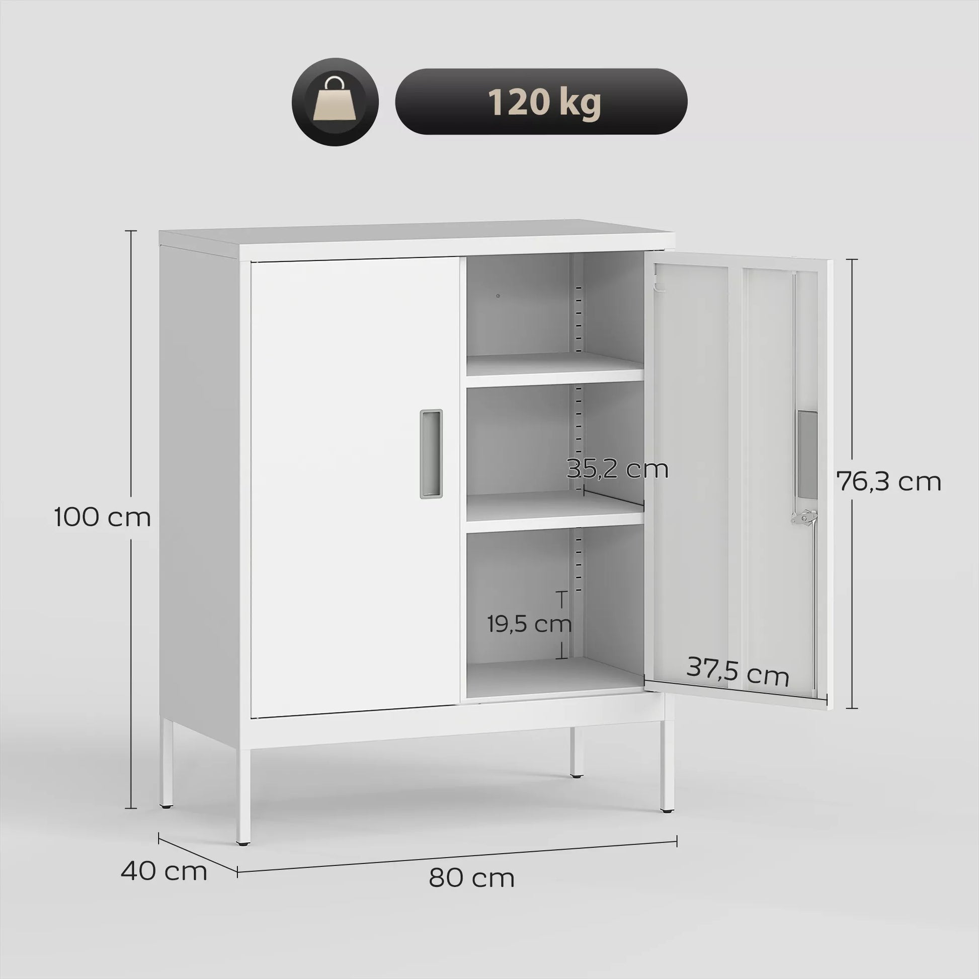 Užrakinama plieninė spinta su 2 durimis, biuro spinta, reguliuojamos lentynos, namų biurui, svetainei, garažui, balta