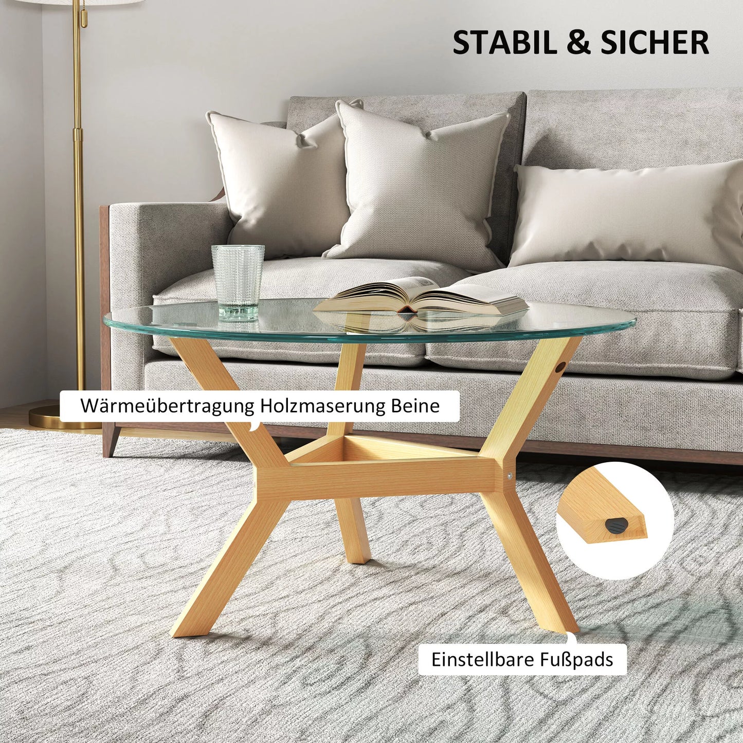 Apvalus staliukas iš grūdinto stiklo su reguliuojamais padukais ir plieniniu rėmu, skirtas svetainei, miegamajam