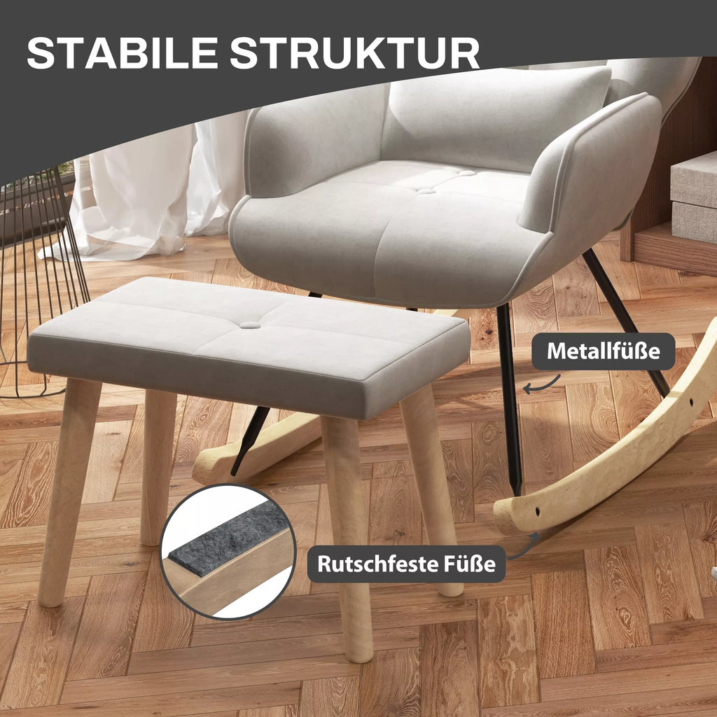 Sūpynės kėdė su taburete, paminkštinta, aukšta atlošimo dalis, aksomo išvaizda, iki 150 kg, kreminė balta