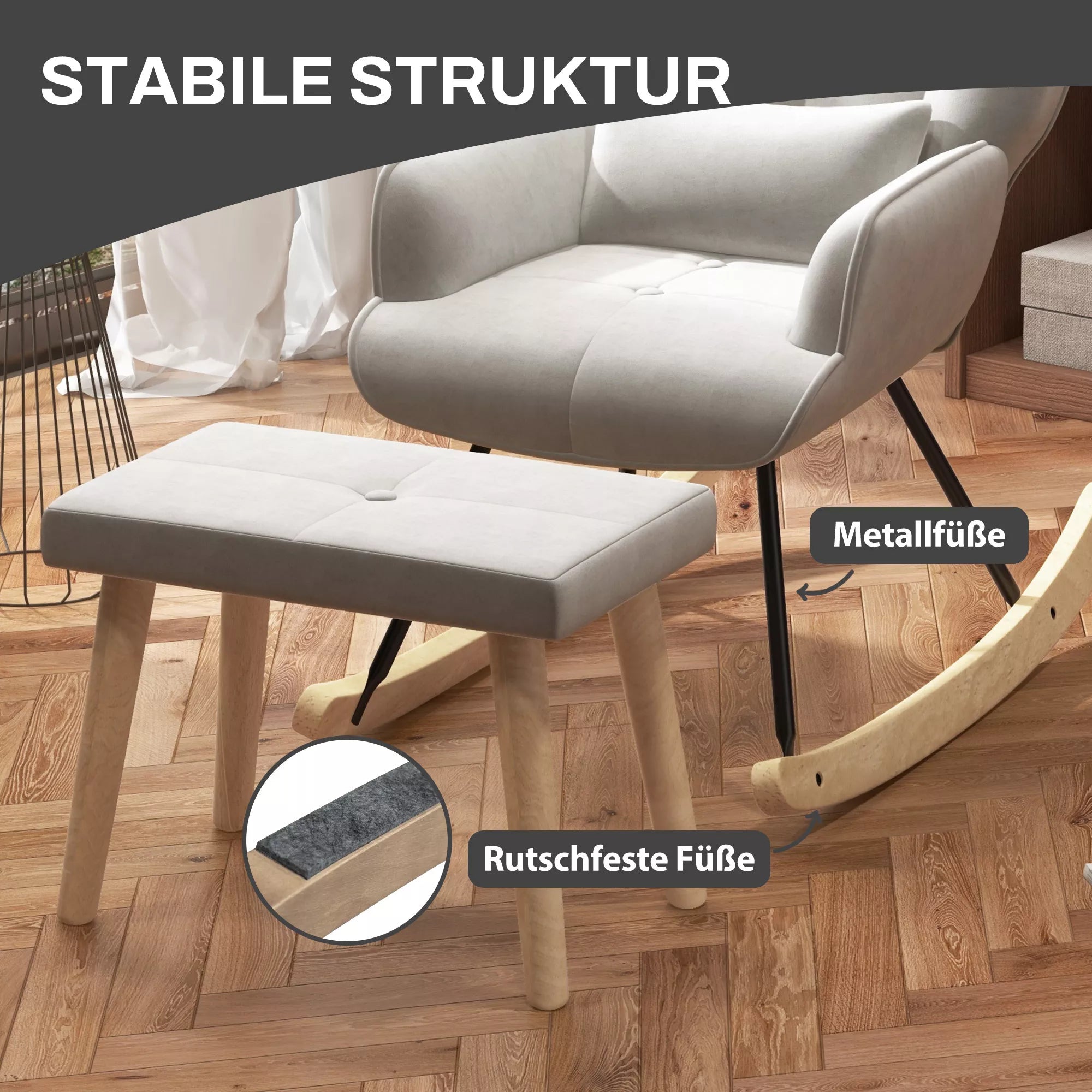 Sūpynės kėdė su taburete, paminkštinta, aukšta atlošimo dalis, aksomo išvaizda, iki 150 kg, kreminė balta