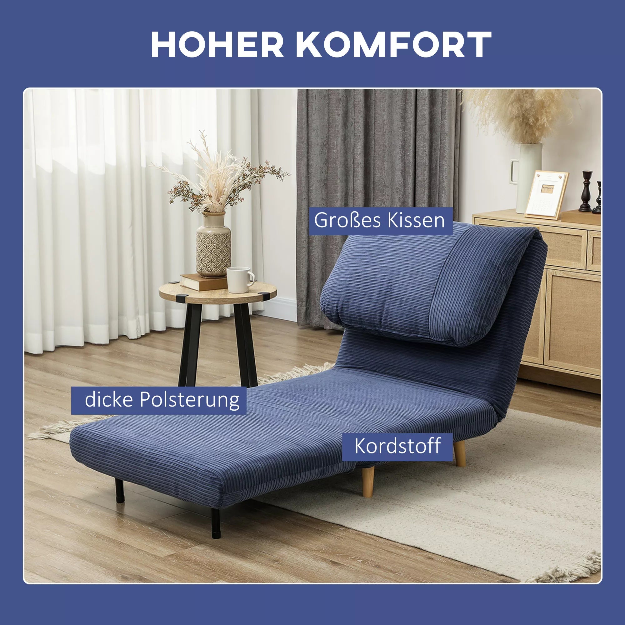 2 viename miegamoji sofa-kėdė svečio lova, reguliuojama galvos atrama, kordilokos išvaizda, 82 cm x 87 cm x 89 cm, mėlyna