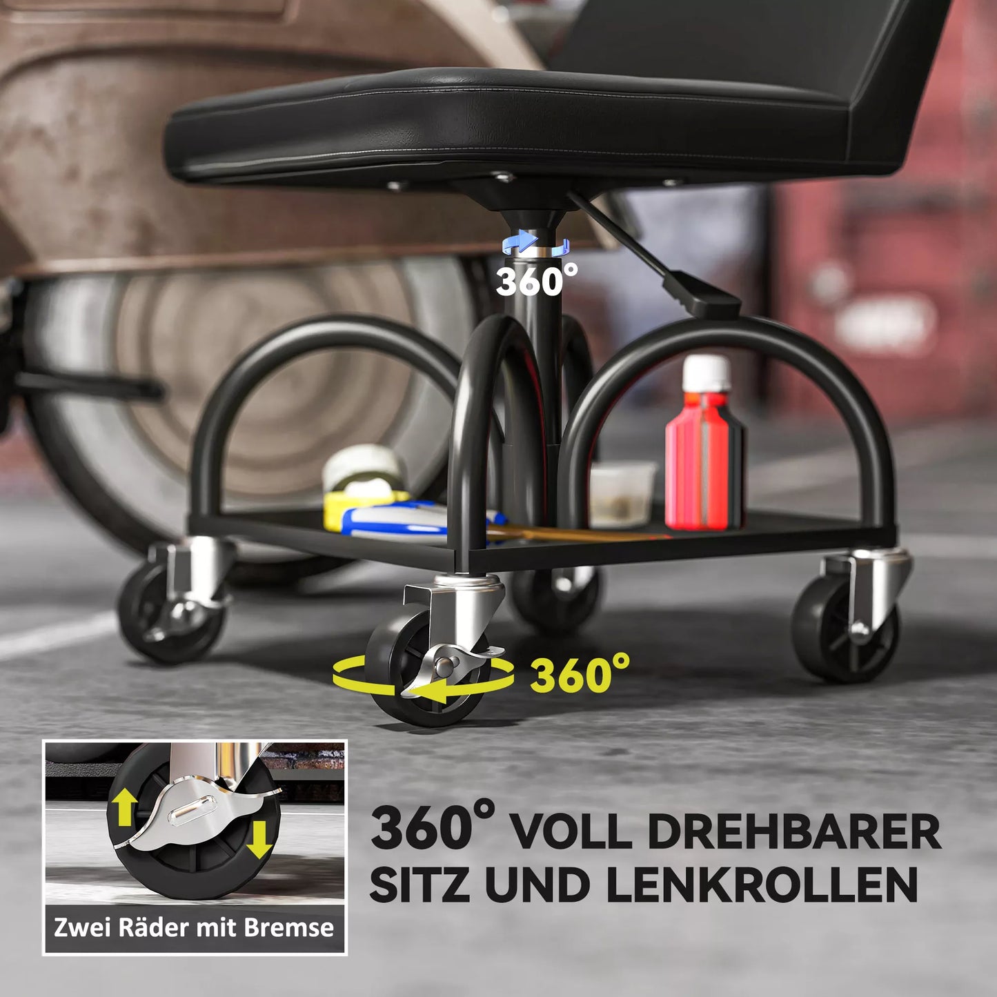 Dirbtuvės taburetė su ratukais ir laikymo lentyna, 58,5 cm aukščio, riedanti taburetė, atlaiko iki 135 kg, juoda