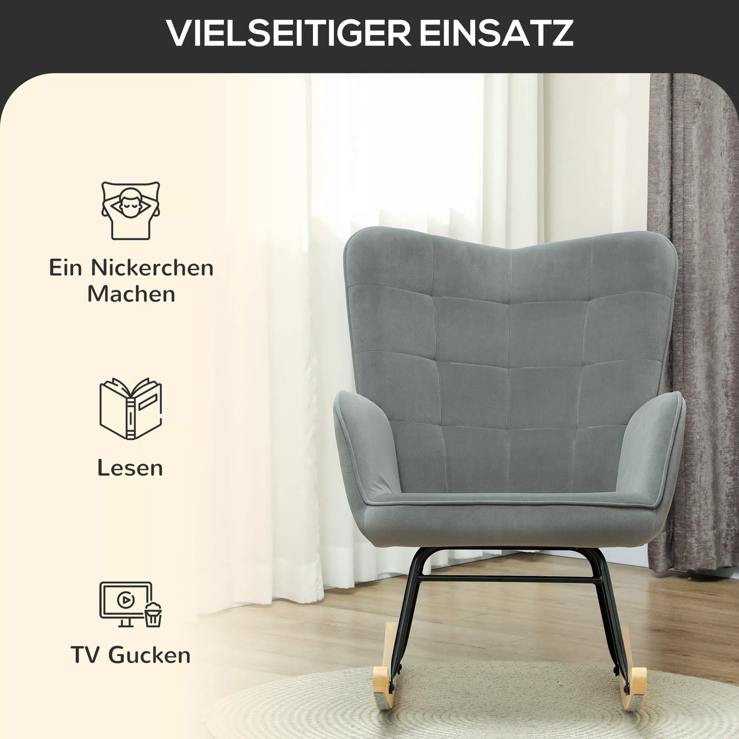 Vintažinė supamoji kėdė, išlenkti bėgeliai, storas paminkštinimas, buko mediena ir plienas, tamsiai pilka