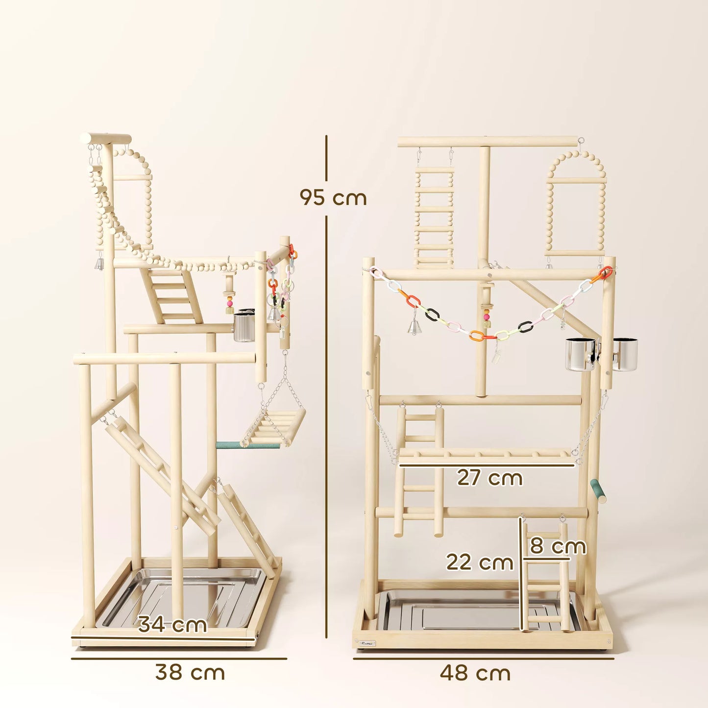 Paukščių stovas, paukščių stovo rinkinys, 4 lygiai, nerūdijančio plieno padėklas, žaislai, natūralus medis