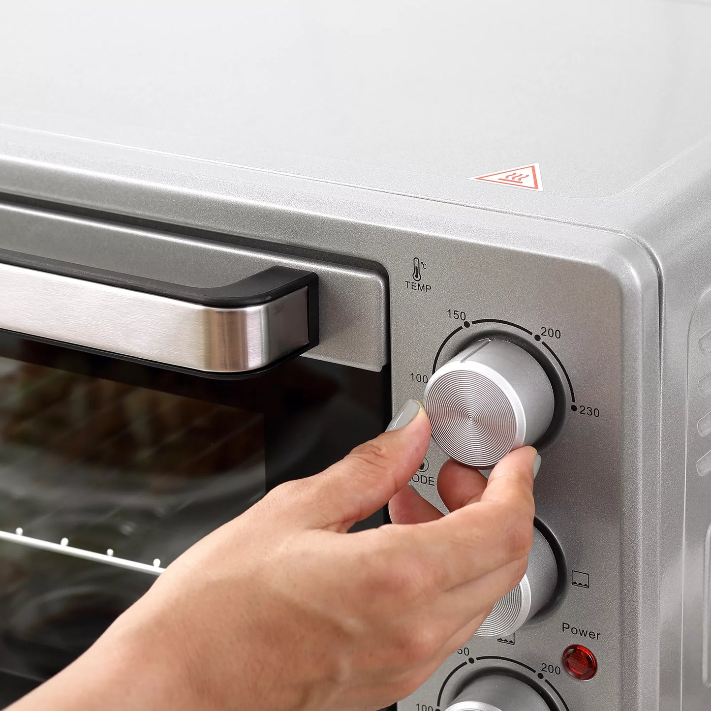 Mini orkaitė 32 L, 100 °C–230 °C, 1600 W, su kepimo skarda, padėklu trupiniams, grotelėmis ir 3 virimo režimais, picos orkaitė su laikmačiu, kepimo skardos rankenėlė, nerūdijančio plieno, sidabro spalvos