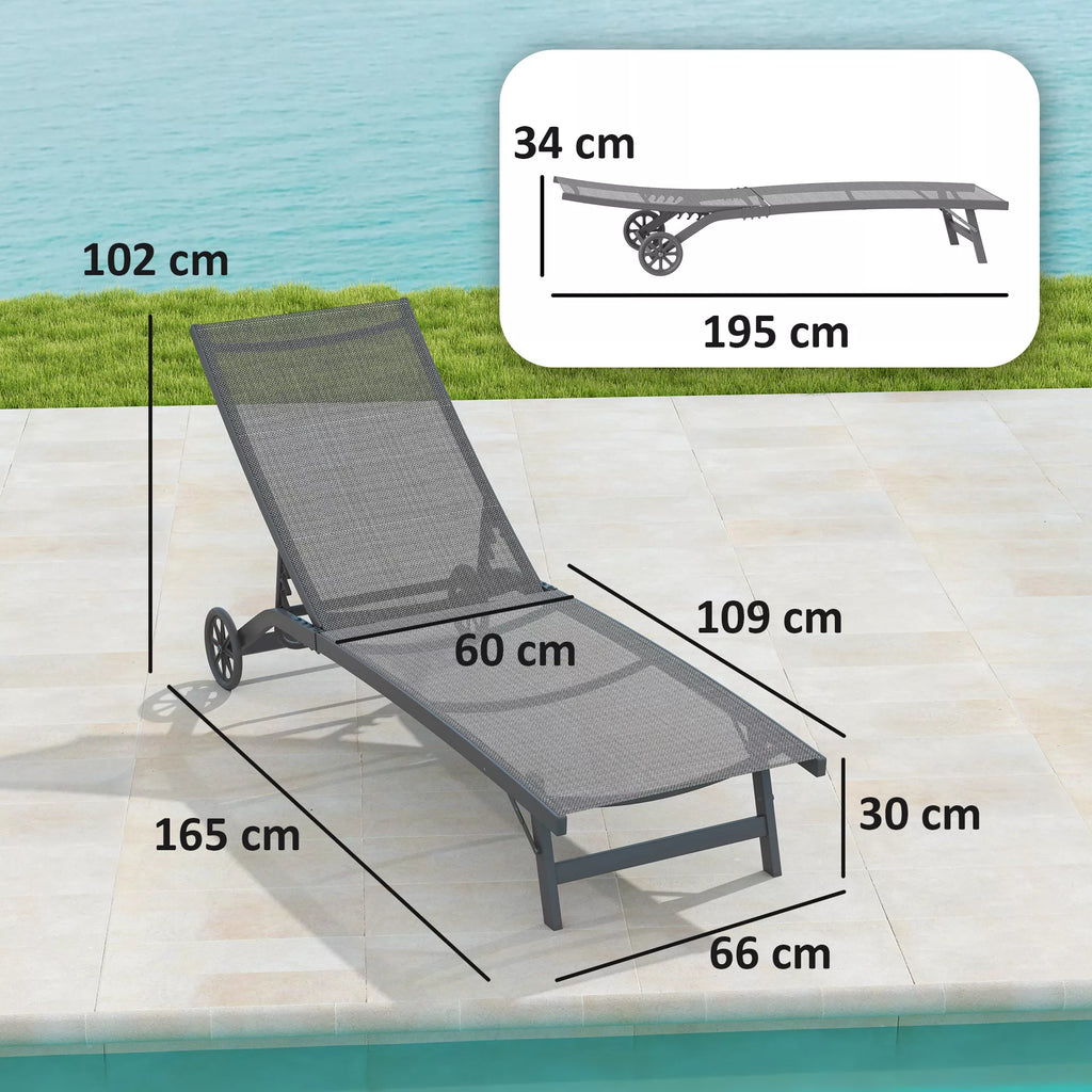 Matmenų schema: gulto ilgis 165 cm, ištraukus kojų atramą pailgėja iki 195 cm; plotis 60-66 cm, kojų aukštis 30 cm, atlošą pakėlus bendras aukštis 102 cm.