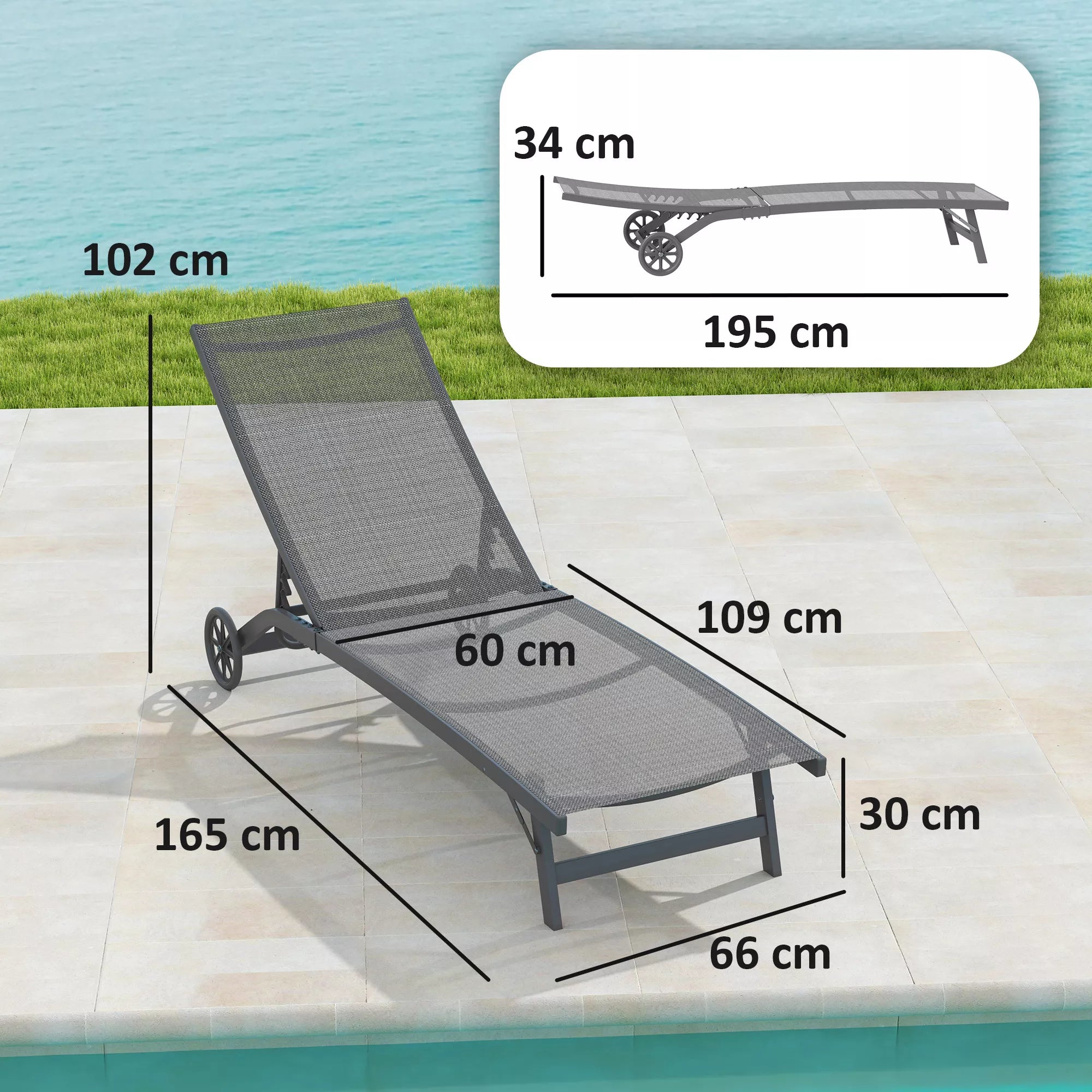 Matmenų schema: gulto ilgis 165 cm, ištraukus kojų atramą pailgėja iki 195 cm; plotis 60-66 cm, kojų aukštis 30 cm, atlošą pakėlus bendras aukštis 102 cm.