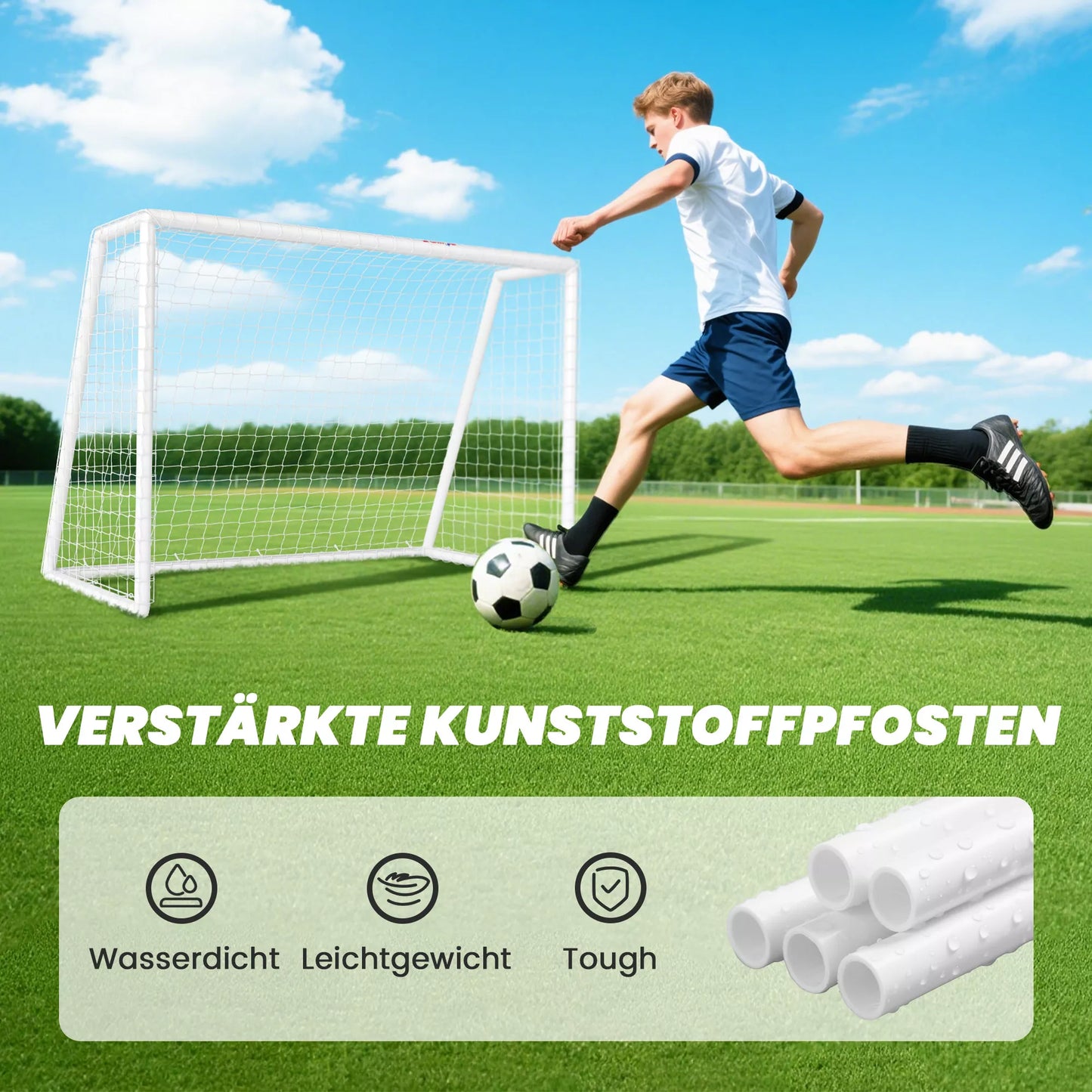 Futbolo vartai, tvirtas tinklas, plastikinis rėmas, kuoliukai, 180 ilg. x 92 plat. x 124 aukšt. cm, balta