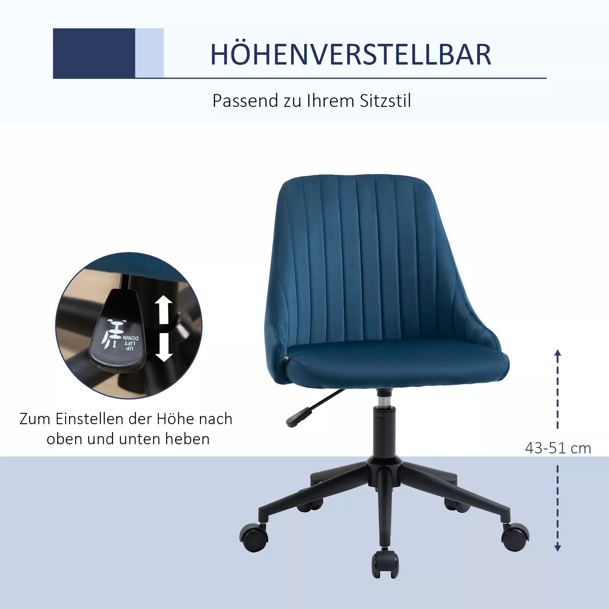 Biuro kėdė Sukiojama kėdė Rašomojo stalo kėdė Ergonomiškas linijinis dizainas Reguliuojamas aukštis 360° sukiojama Putų medžiaga Velveto tipo poliesteris Mėlyna 50 x 58 x 77-87 cm