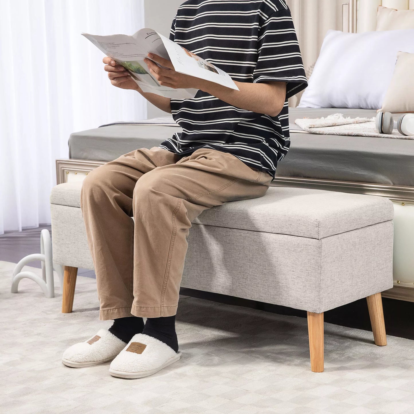 Suolas su daiktadėže, iki 220 kg, lininės išvaizdos, 110x39x45cm, smėlio spalvos