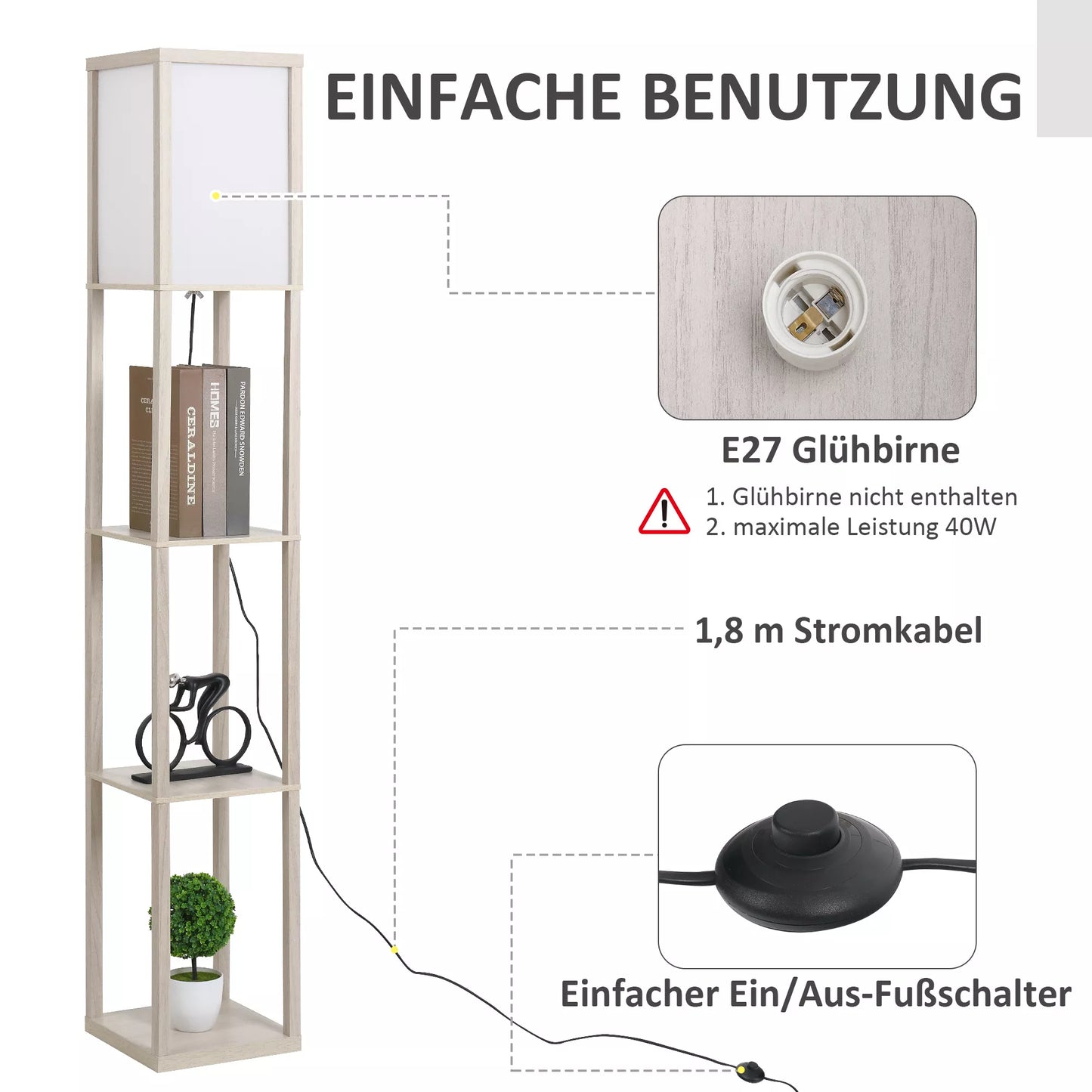 HOMCOM Medinis pastatomas šviestuvas su lentynomis, 26 x 26 x 160 cm, skirtas svetainei/miegamajam (lemputė neįtraukta)