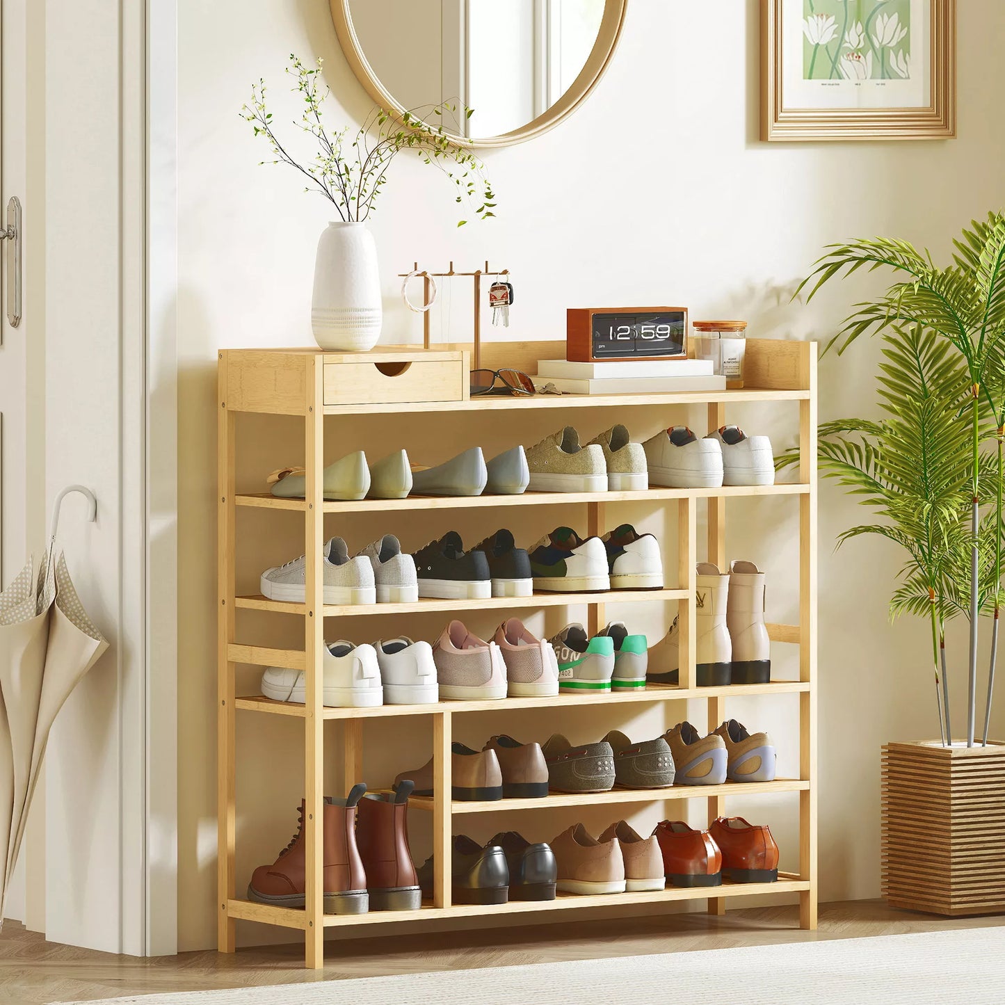 Batų lentyna su 6 pakopomis, bambukinis stalčius, talpa max. 18 porų batų, batų laikiklis prieškambariui, miegamajam, 101 x 30 x 100 cm, natūralus