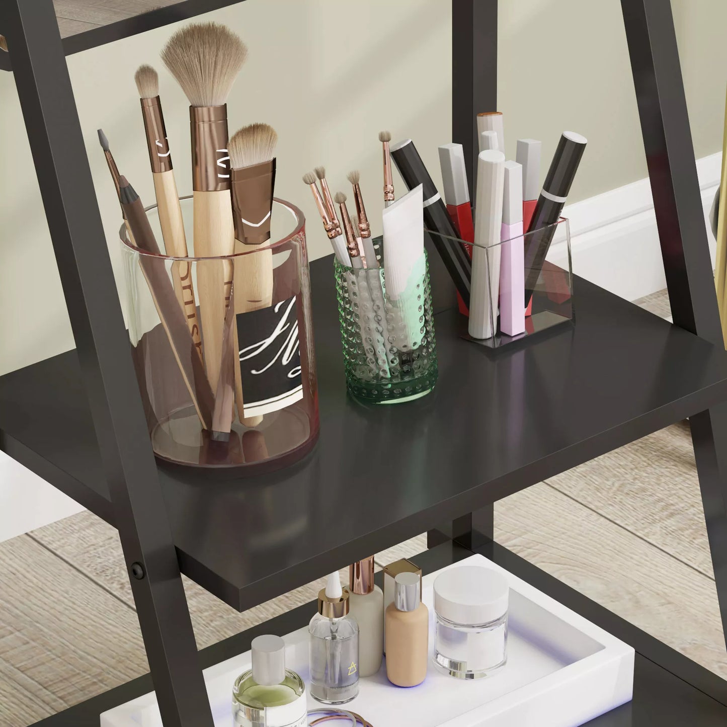 Ratinis viso kūno veidrodis su 2 lentynomis ir 4 ratais, miegamajam, svetainei, koridoriui, juodas