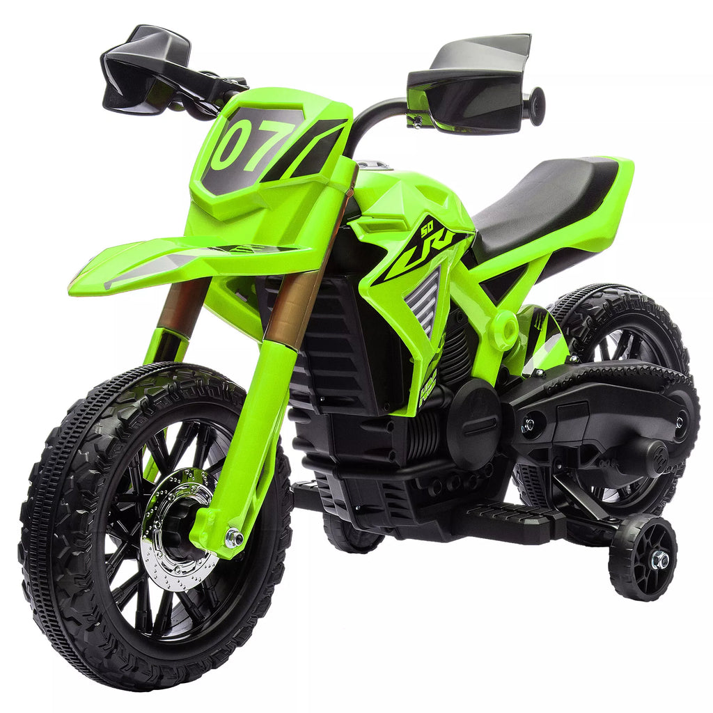 Elektrinis motociklas vaikams, 6 V baterija, pagalbiniai ratai, signalas, paleidimo garsas, 3–8 metai, žalias