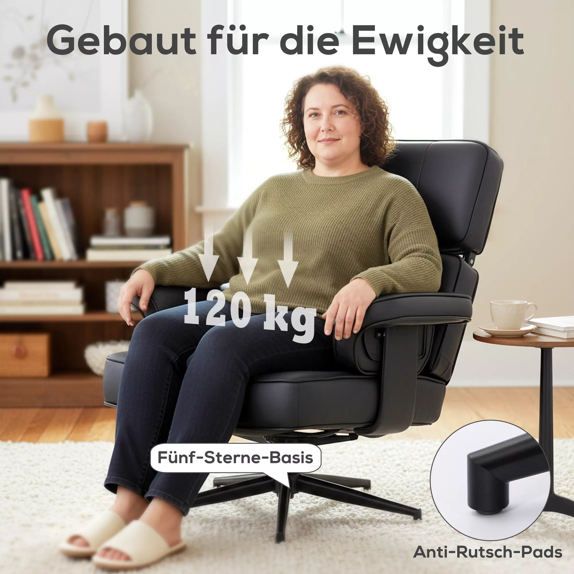 Reguliuojamas atlošiamas krėslas su pufu, dirbtinės odos apmušalas, aukščio reguliuojama galvos atrama, metalinis pagrindas, juodos spalvos