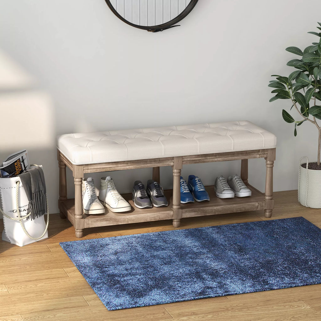HOMCOM Suoliukas su daiktadėže, vintažinio dizaino, su sagčių apdaila, pagamintas iš kaučiukmedžio, 115x40x48cm, kreminės baltos spalvos