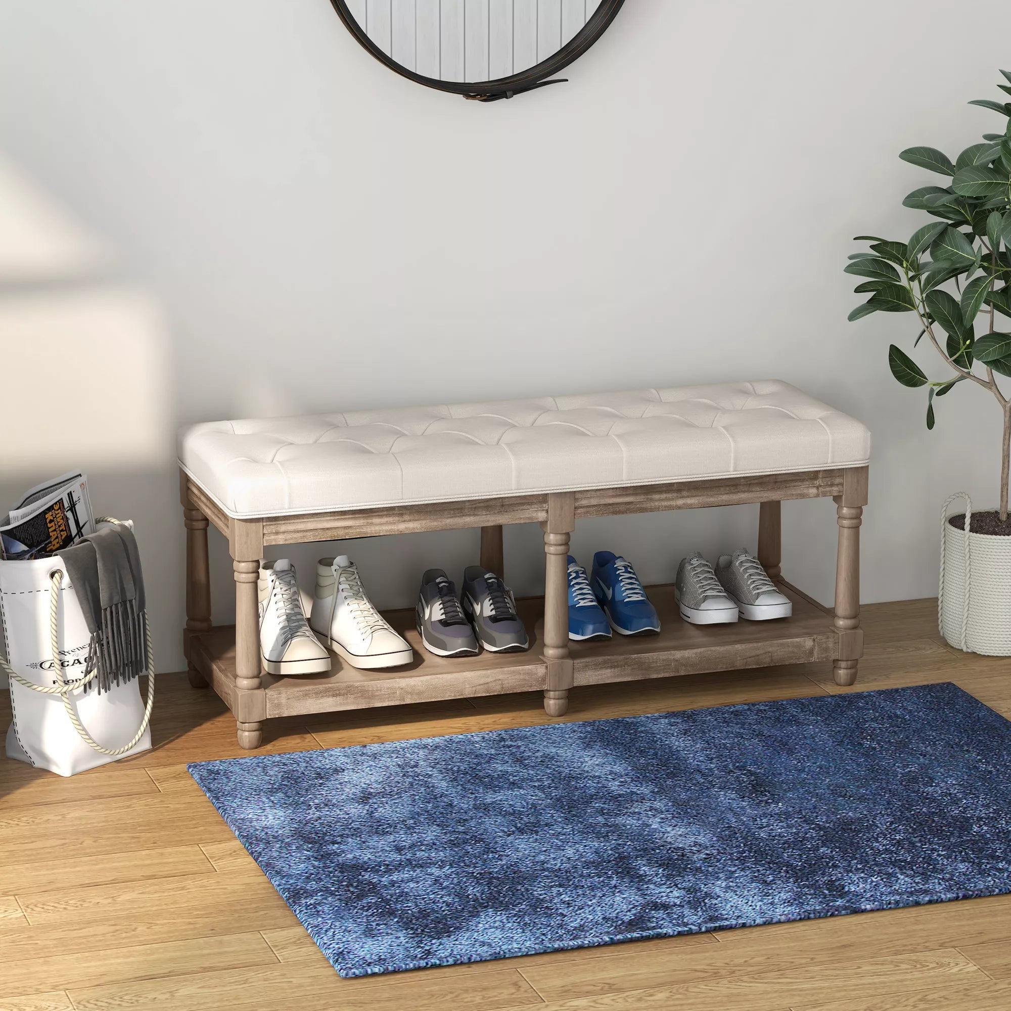 HOMCOM Suoliukas su daiktadėže, vintažinio dizaino, su sagčių apdaila, pagamintas iš kaučiukmedžio, 115x40x48cm, kreminės baltos spalvos