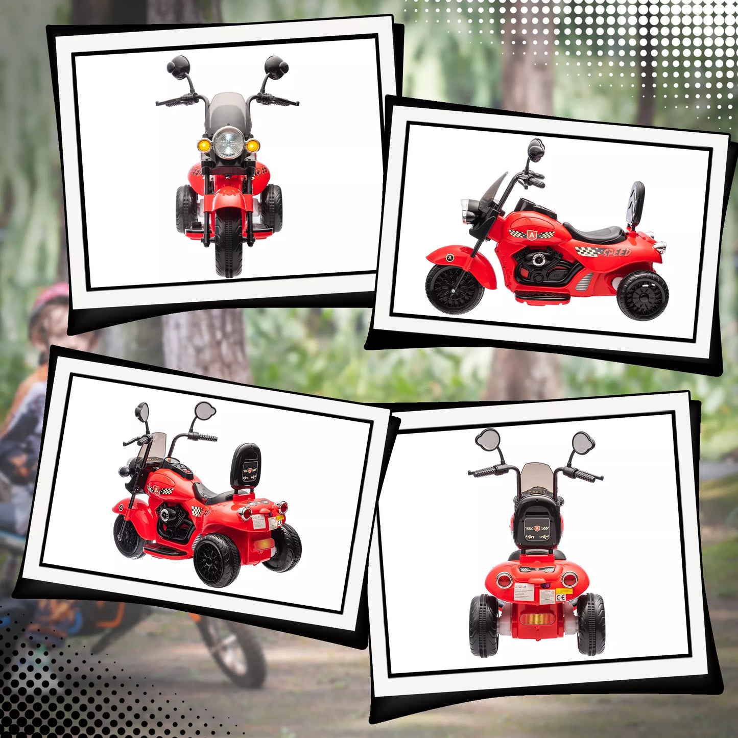 Elektrinis vaikiškas motociklas, 3 ratai, 6V baterija, priekinis žibintas, muzika, vaikams nuo 3-6 metų, Raudonas