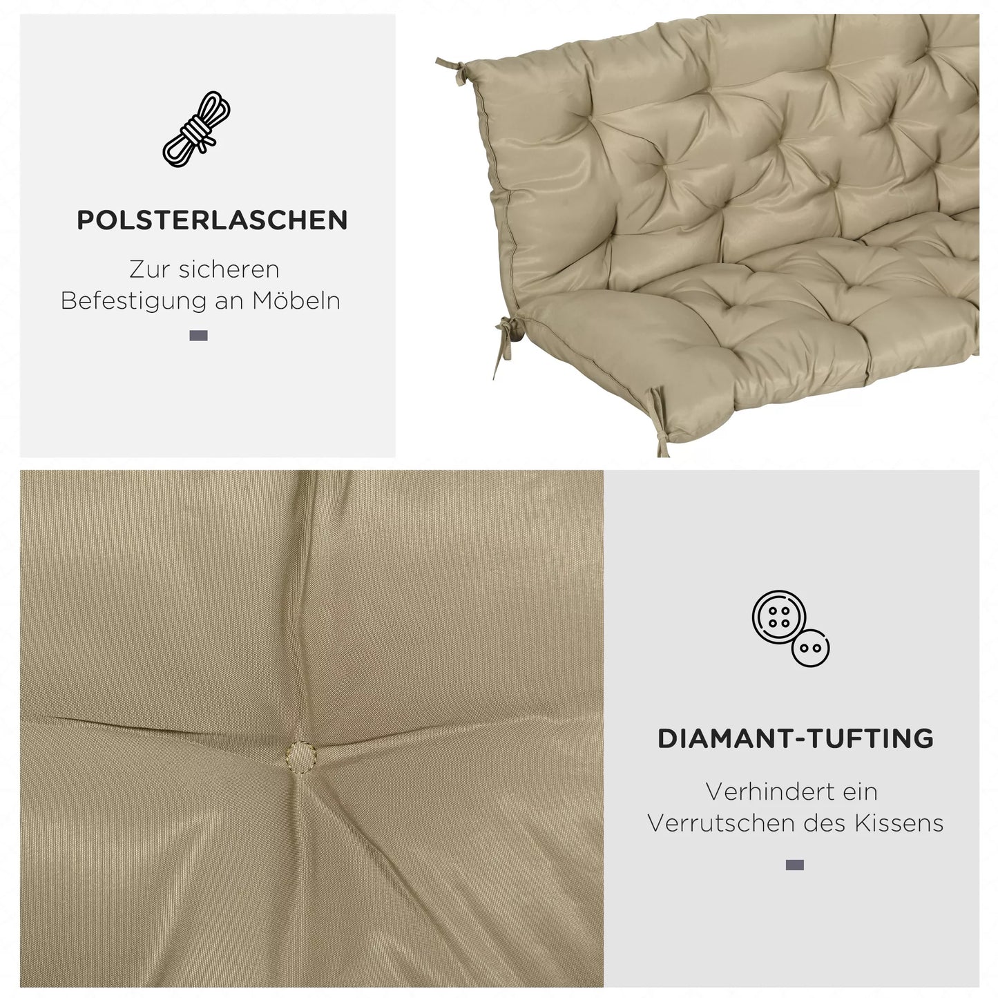 3 vietų suoliuko užvalkalas 150x98x8 cm, suoliuko pagalvėlė su raišteliais, sėdimoji dalis sodo baldams, supamajai sodo karuselei, chaki