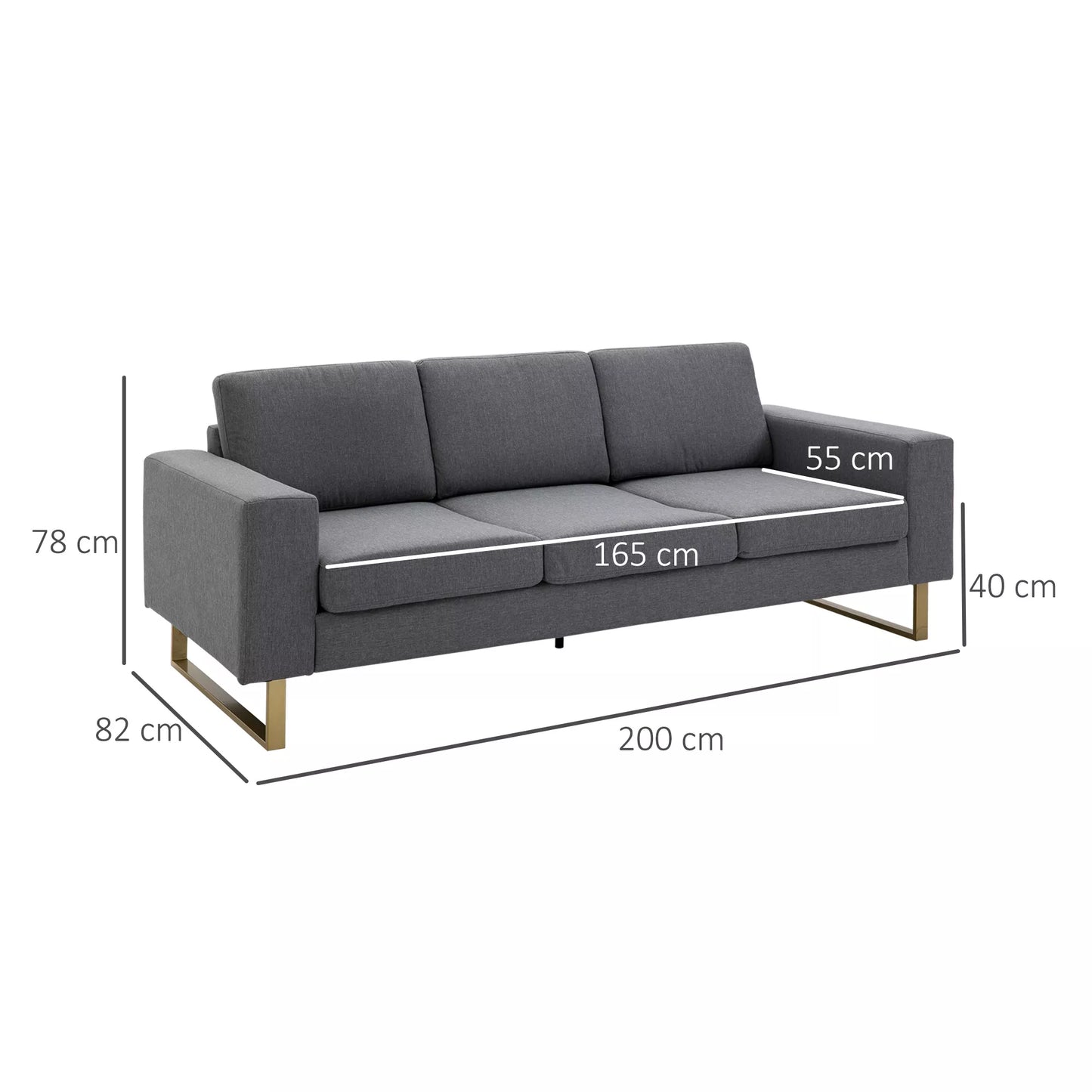 3-vietė sofa, audinio sofa su pagalvėlėmis, porankiais, linine išvaizda, miegamajam, 200 x 82 x 78 cm, tamsiai pilka