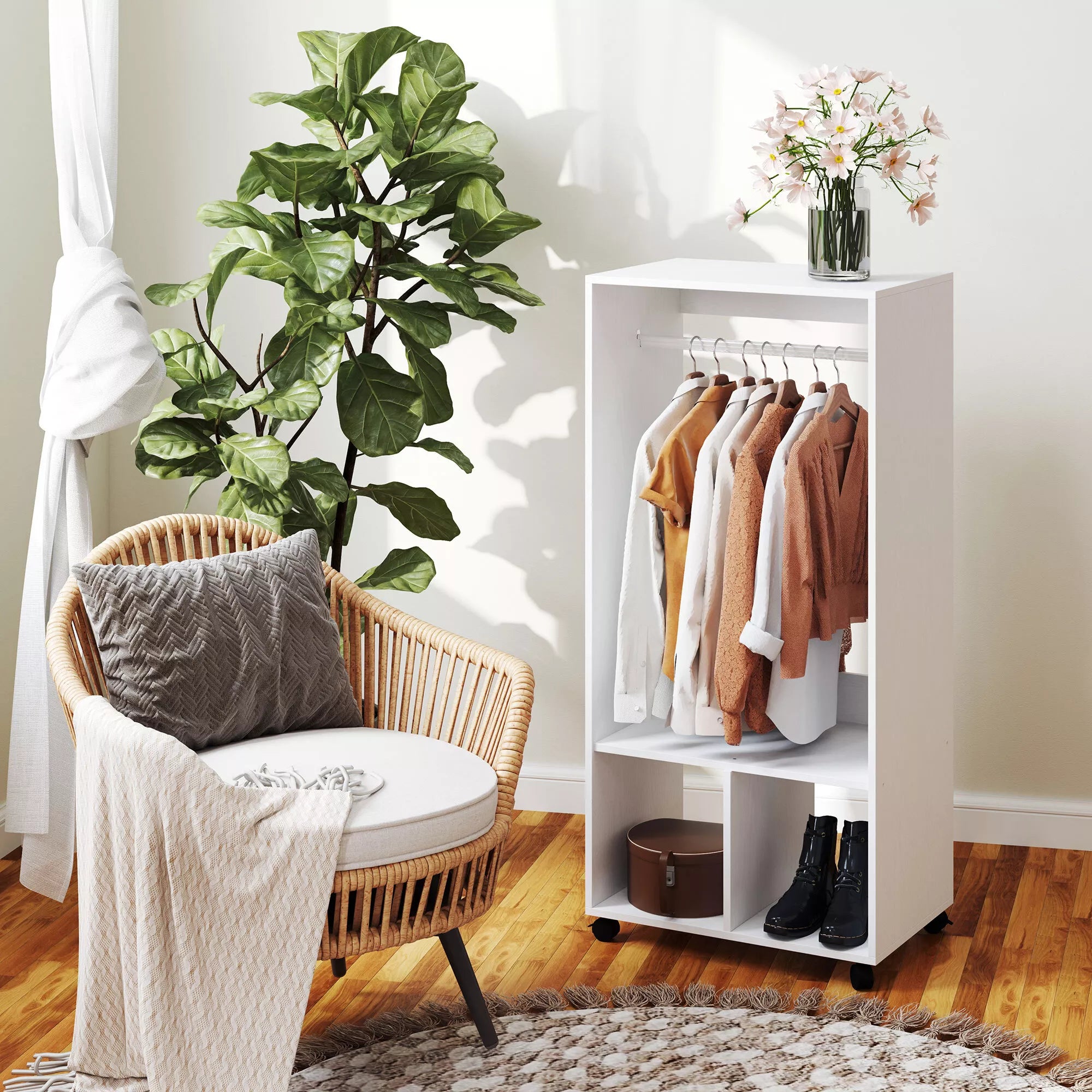 Spinta Garderobe, 60 cm x 40 cm x 127 cm, 1 drabužių pakaba, 2 lentynos, balta