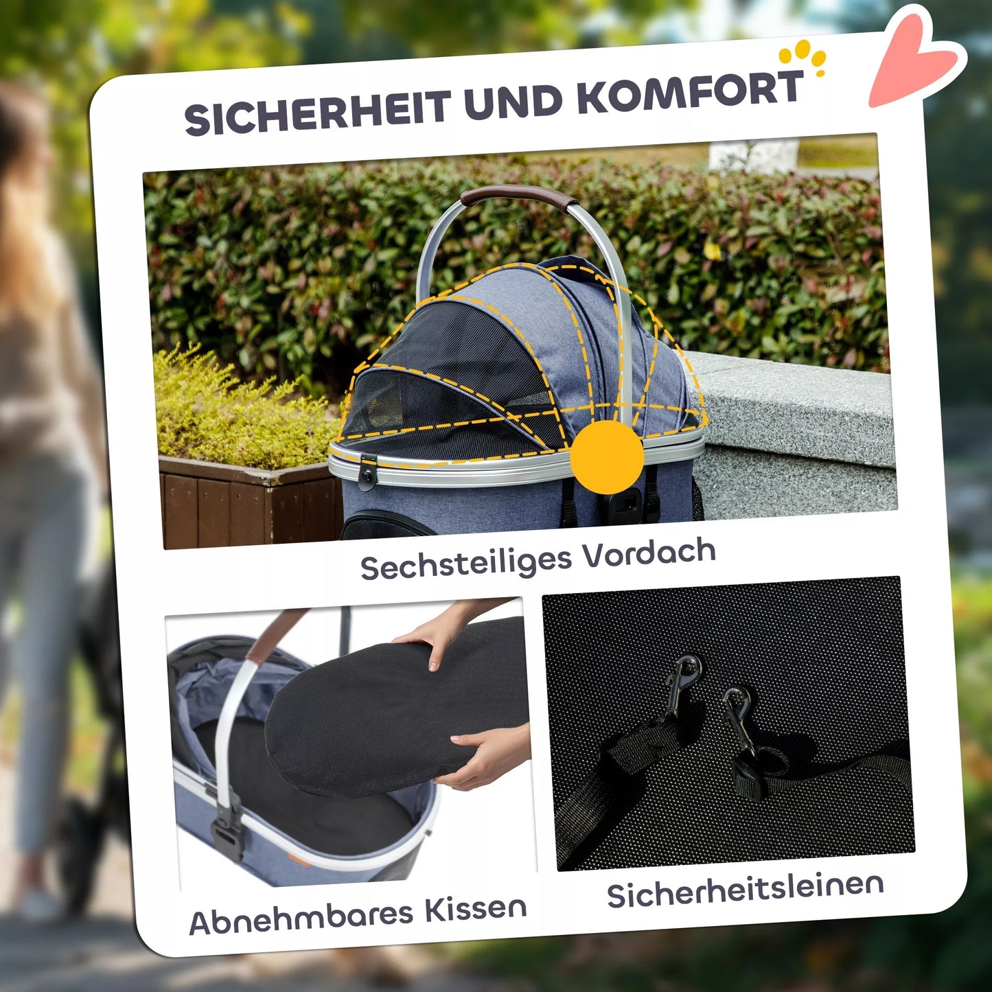 3 in 1 vežimėlis šunims ir katėms, sulankstomas, katėms iki 10 kg, su pagalvėle, puodelio laikikliu, tamsiai mėlynas