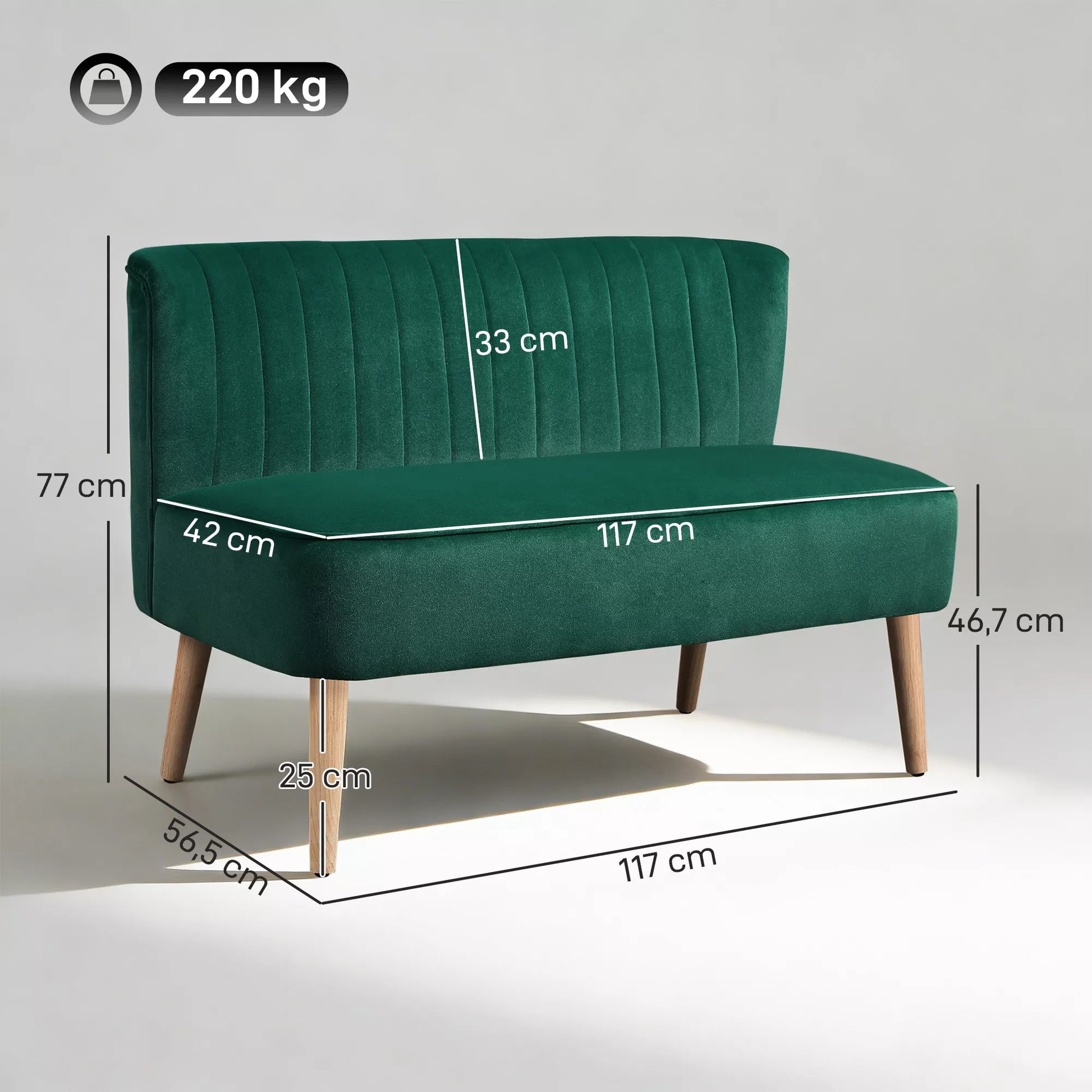 Sofa Retrodesign 2-vietė sofa, medinės kojos, 117 cm x 56,5 cm x 77 cm, tamsiai žalia