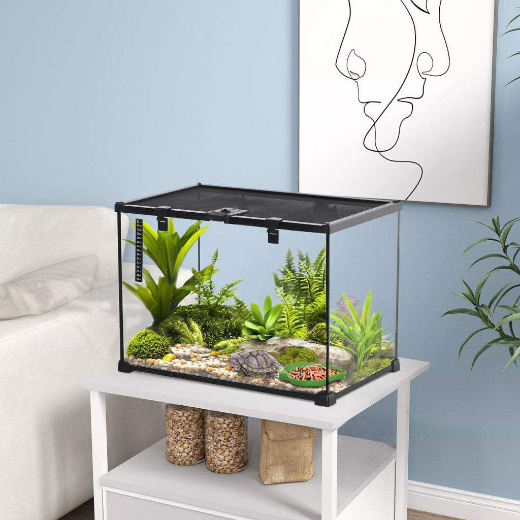 Terariumas ropliams Reptile Šėrimo dėžutė Stiklinis terariumas Amfibijos Voragyviai su termometru Roplių veisimo dėžutė Sraigės Amfibijos Vabzdžiai Vėžliai Juoda 50 x 30 x 35 cm