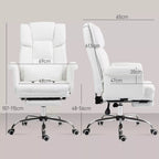 Baltos ergonominės biuro kėdės matmenų schema: aukštis 107–115 cm, plotis 65 cm, gylis 49–57 cm