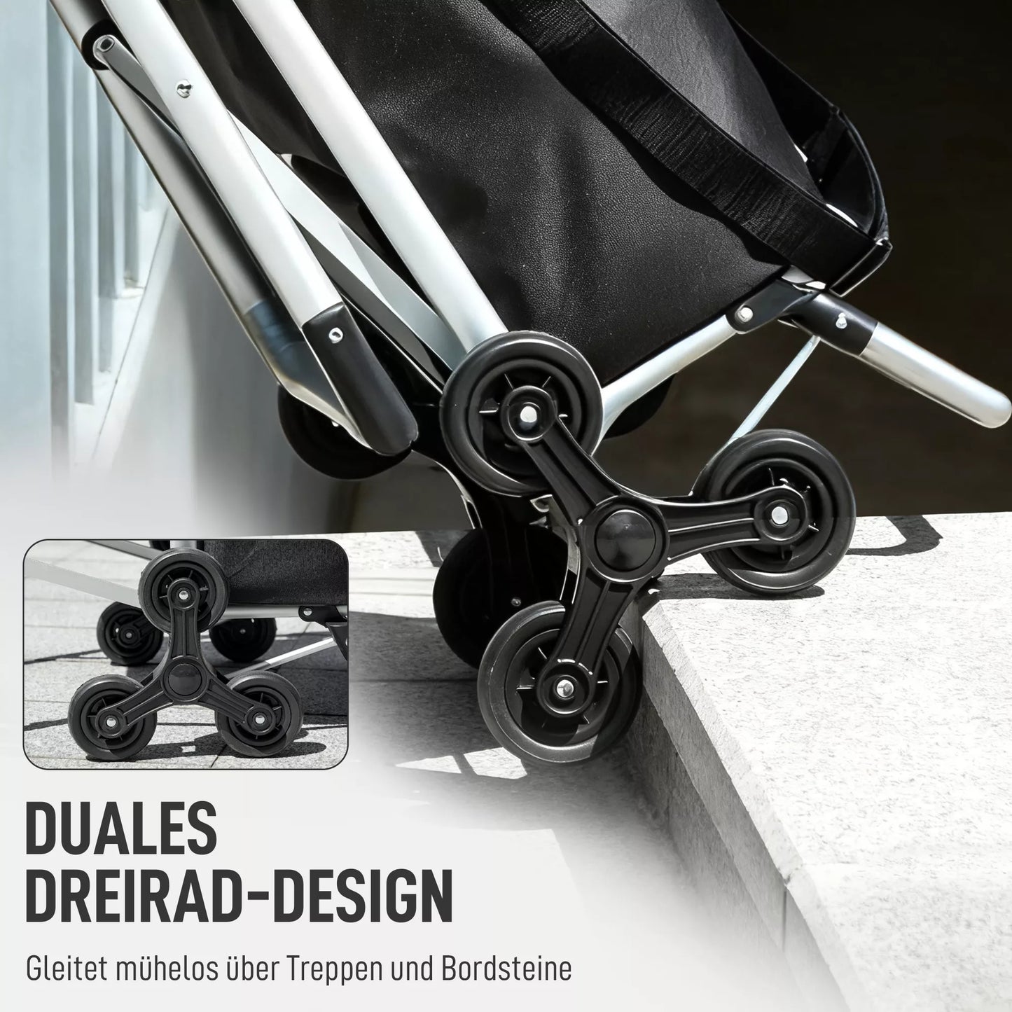 Pirkinių vežimėlis, 40 L Oxford krepšys, 3 ratukų dizainas, aliuminio rėmas, sėdynė, pilkas