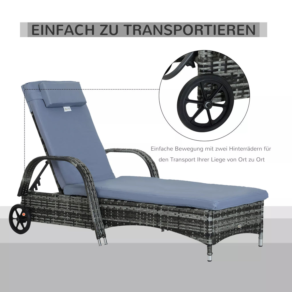 Saulės gultas Polyrattan sodo gultas su 5 pakopų reguliuojamu atlošu, paminkštintu užklotu, ratukais, pagalvėmis, 160 kg apkrova. Poilsio gultas Sodo gultas, 200x73x30-103 cm, pilkos spalvos.