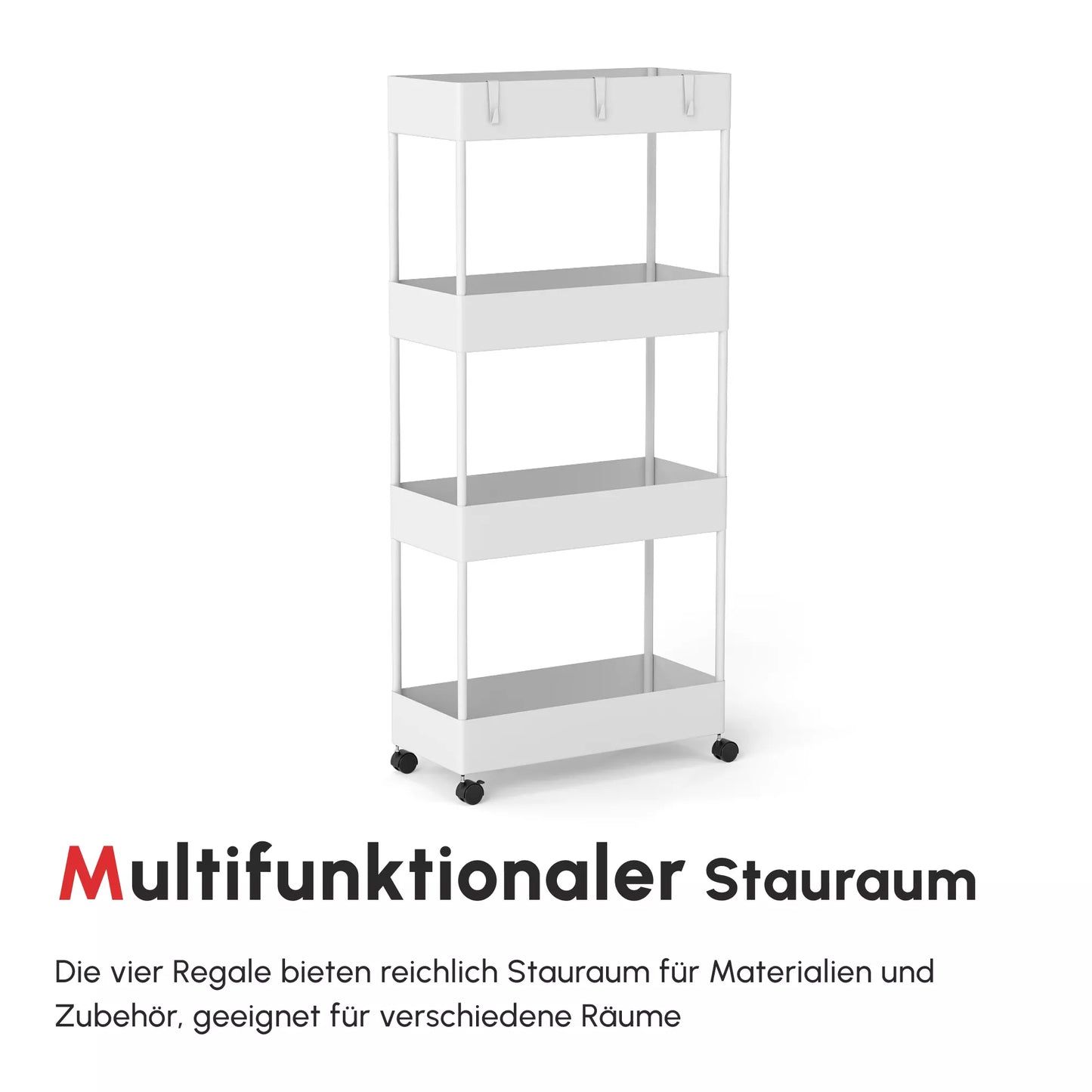 Virtuvės vežimėlis su 4 lentynomis, 4 lanksčiais kabliukais, 4 ratukais, 40 cm x 19 cm x 90 cm, siauras vežimėlis, baltas