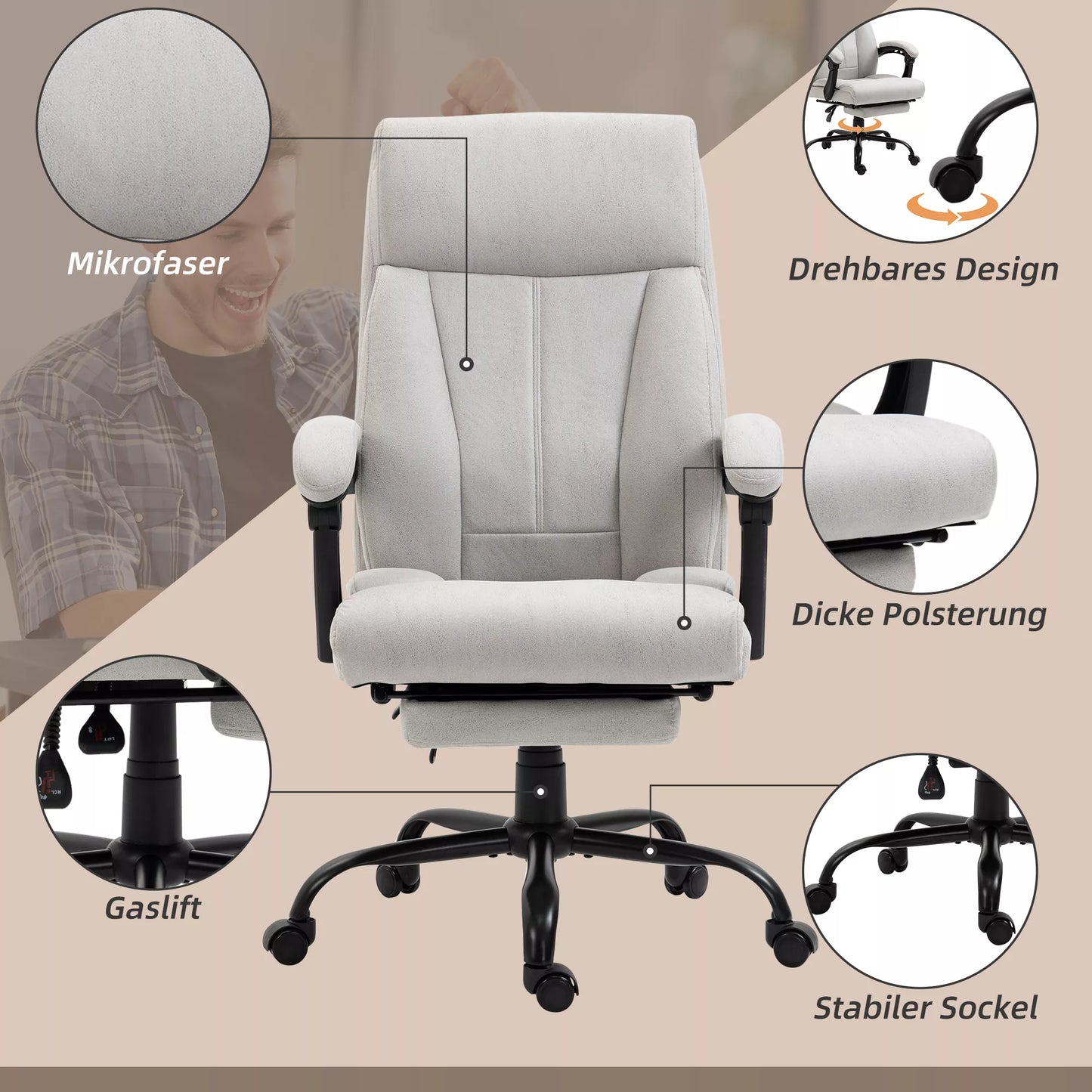 Masažinė biuro kėdė, kompiuterio kėdė, juosmens šildymas, svyravimo funkcija, šviesiai pilka