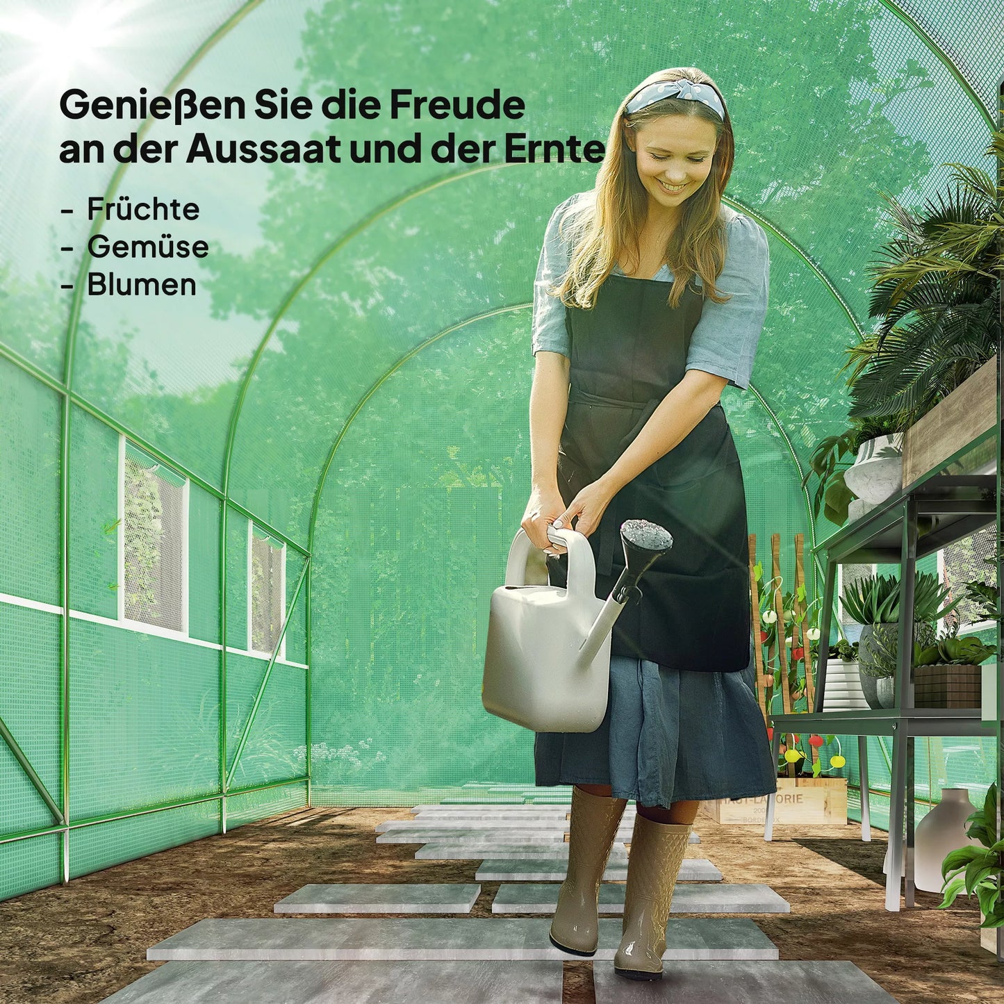 Šiltnamis 350x200x200cm Plėvelinis šiltnamis Pomidorų namelis su durimis, 6 langais, plėvelinis tunelis iš cinkuoto plieno, PE, stabilus auginimo tunelis, komplekte su žemės inkarais ir virvėmis, Žalias