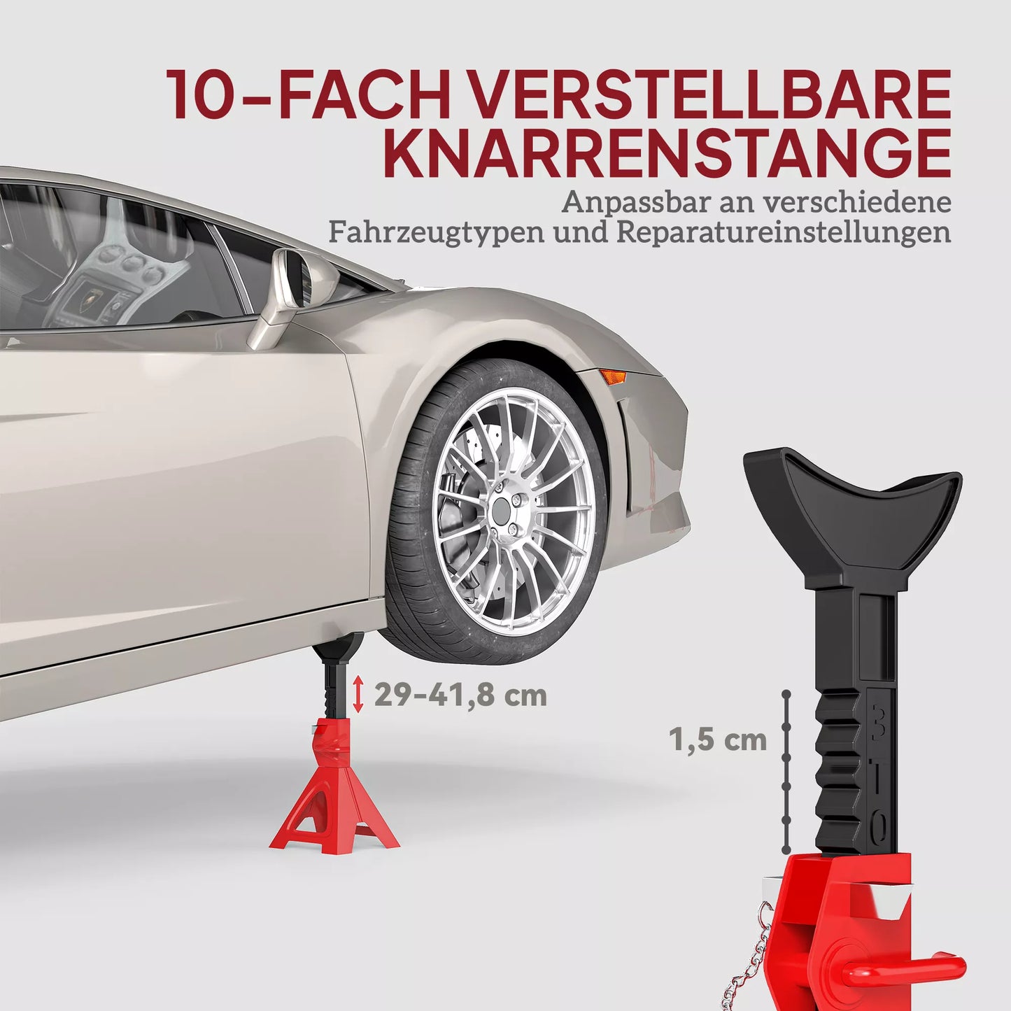 Atraminiai stovai 2 vnt. 3 tonų keliamosios galios, su saugos kaiščiu, 10 pakopų aukščio reguliavimas, raudoni