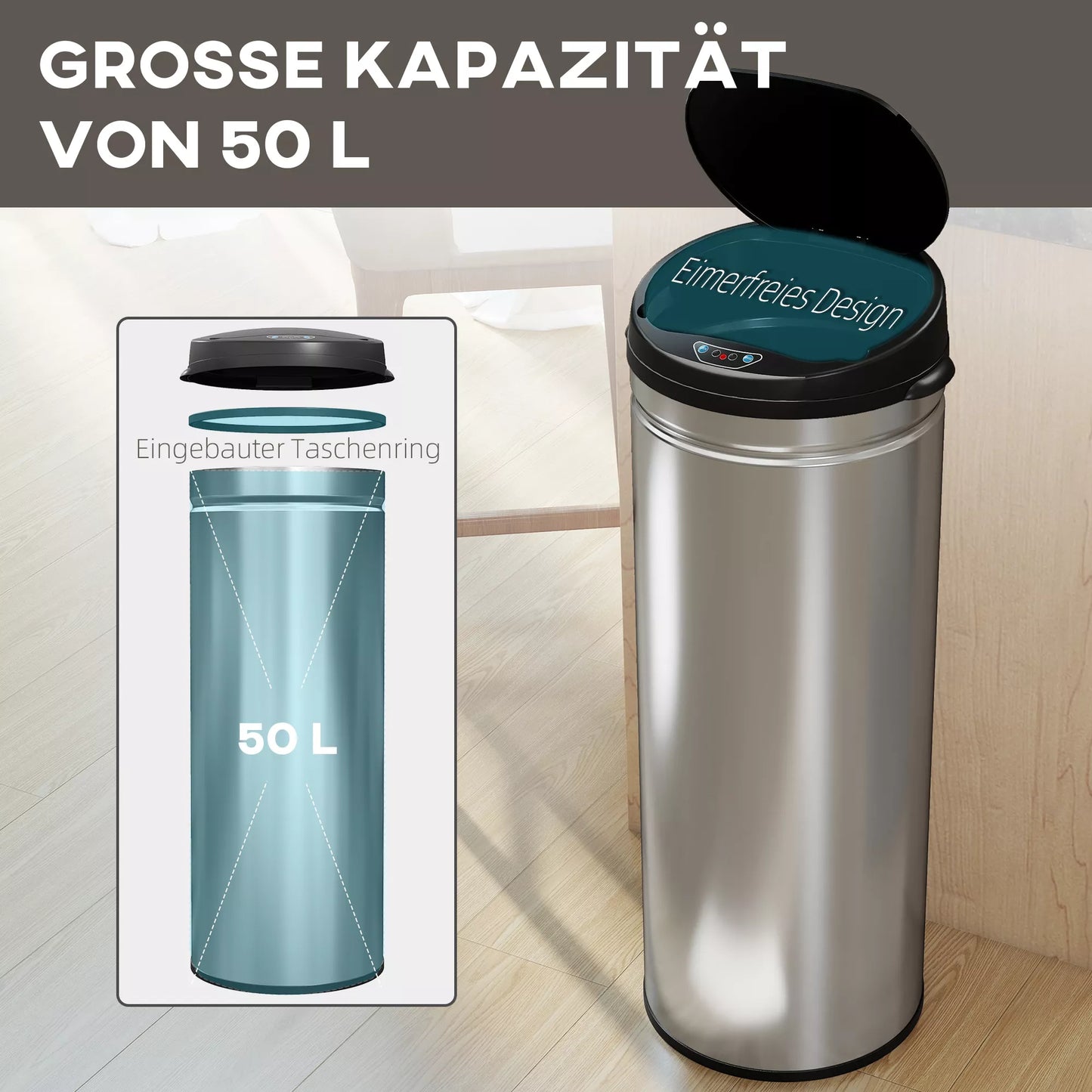 50 litrų sensorinė šiukšliadėžė su švelnaus uždarymo funkcija, bekontaktis nerūdijančio plieno šiukšlių kibiras higieniškiems virtuvės, biuro poreikiams, sidabrinės spalvos