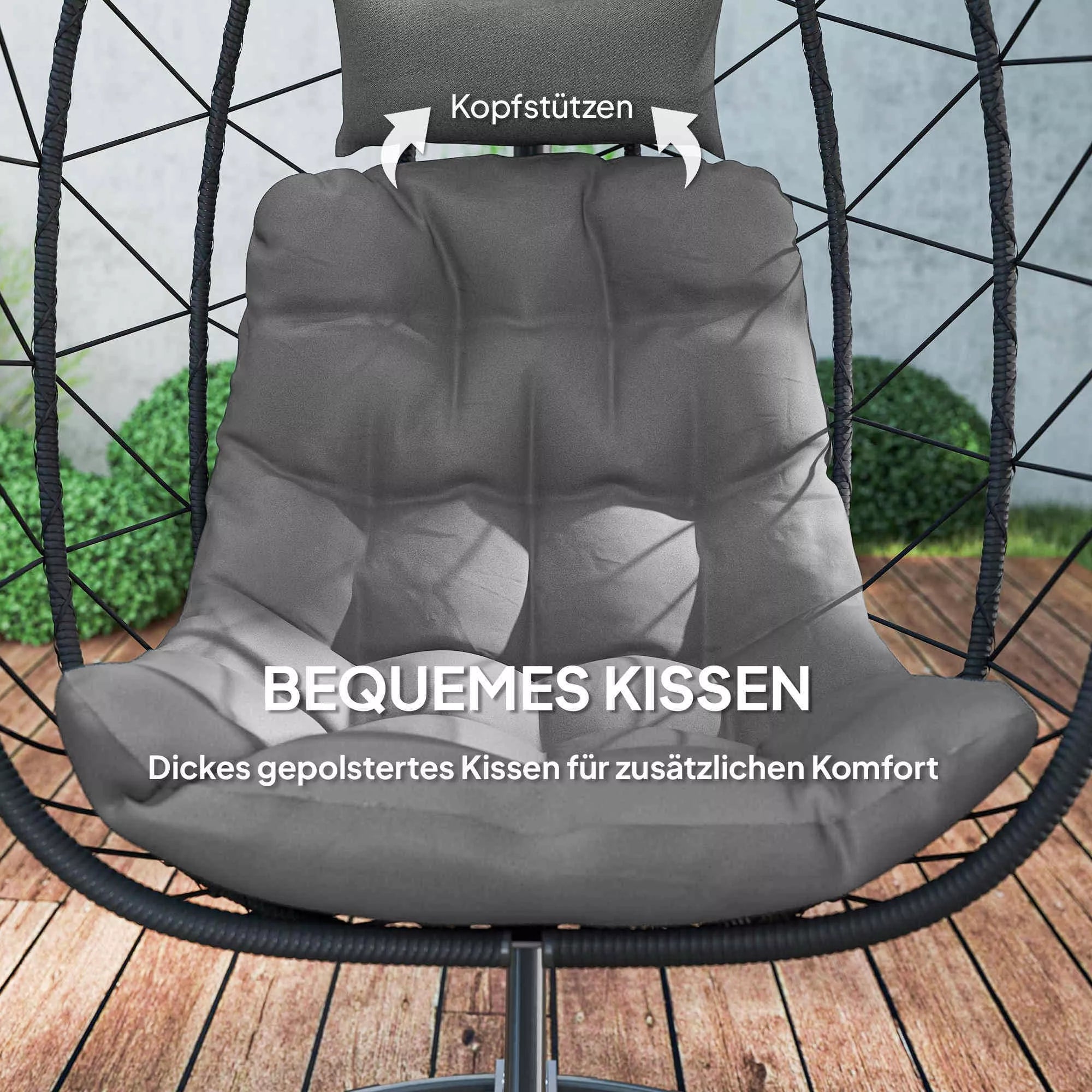 Kabinamas kėdė Lauko kabinama kėdė „Egg Chair“, atspari atmosferos poveikiui, su pagalvėle, 102 cm x 102 cm x 195 cm, tamsiai pilka