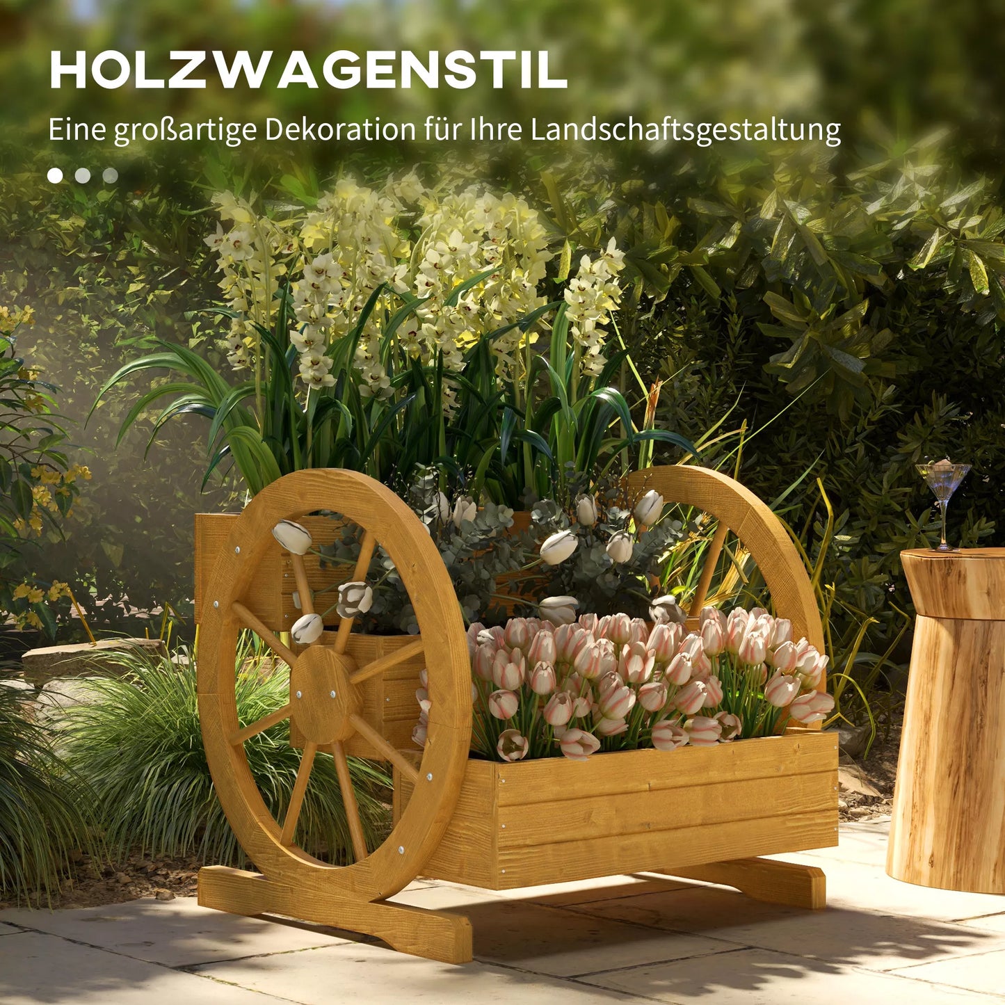 Aukštas gėlių vazonas, 3 aukštai, vežimo rato dekoro, natūralaus medžio, 62 x 61 x 57 cm